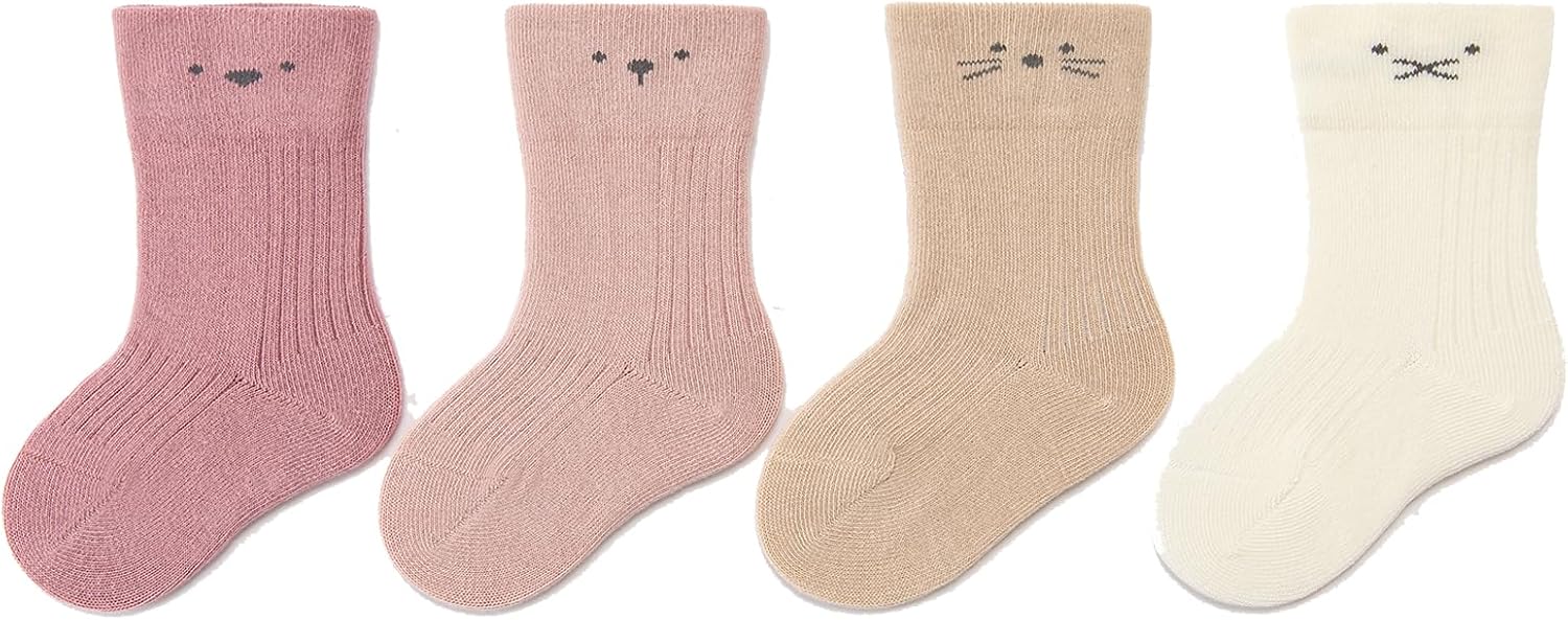 Baby Boys Girls Cute Ankle Socks with Animal Face Design Toddlers Soft Cotton Solid Color Funny Crew Socks 4 Pairs