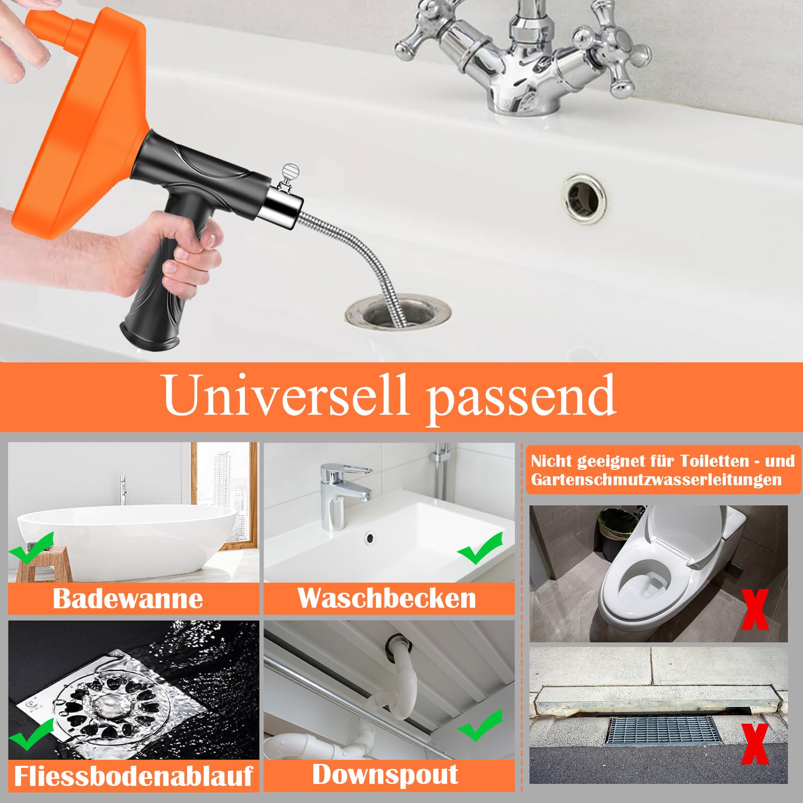 Rohrreinigungsspirale Abflussschlange Verstopfungsentferner Werkzeug – Abflussreiniger Spirale für Kanalisation, Küche, Bad, Dusche, Verstopfte Abflüsse, Öffner, Rohrreiniger 10M