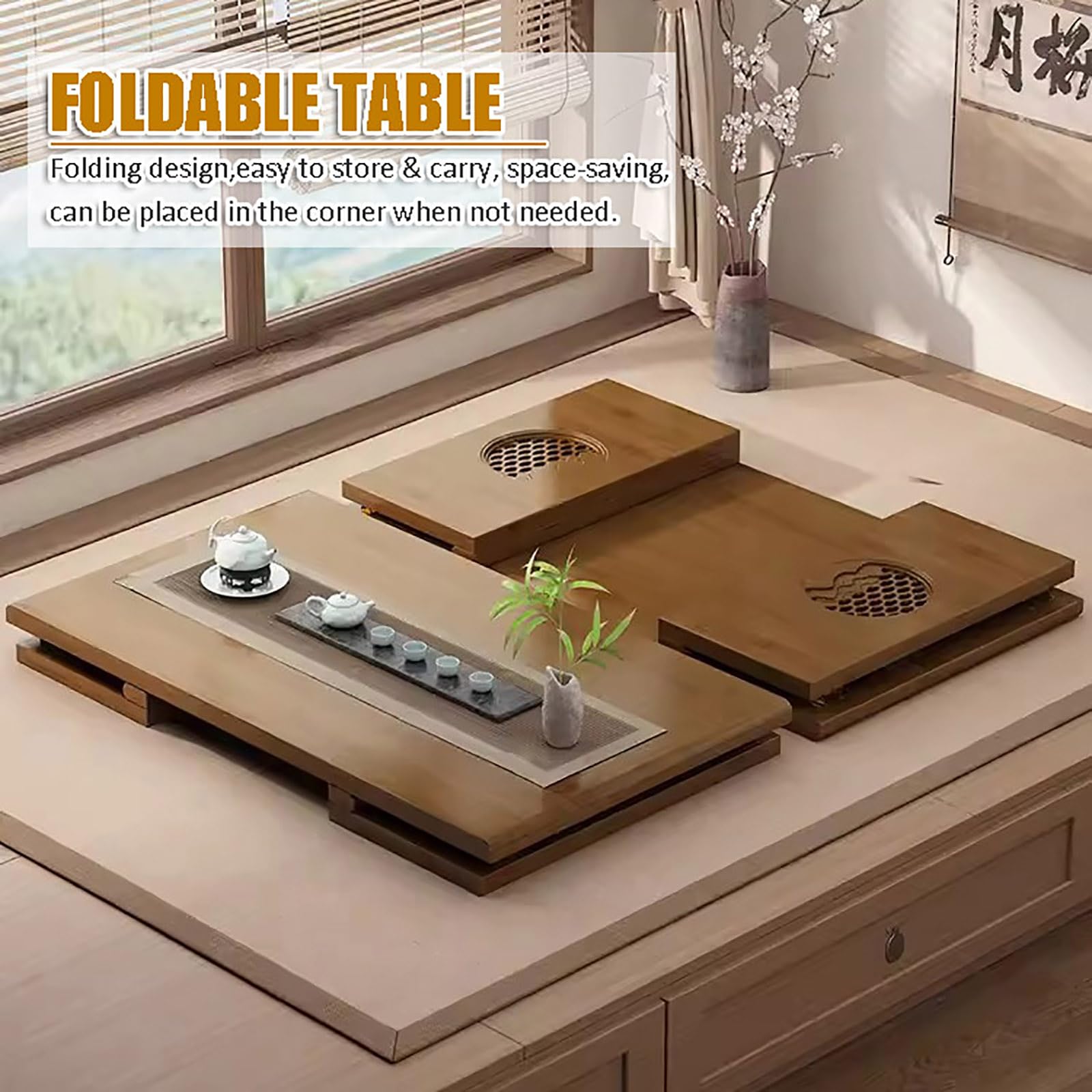 Table Basse Japonaise Pliante En Bambou - Style Kotatsu - 70x40x36 Cm - Pour Sol, Salon, Tatami Ou Balcon - Naturel Et Portable