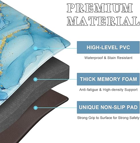 Miniatura 9 de ASPMIZ Juego de 2 tapetes de cocina de mármol, abstractos impermeables, antifatiga, borde dorado, PVC, cómodos tapetes de pie de espuma