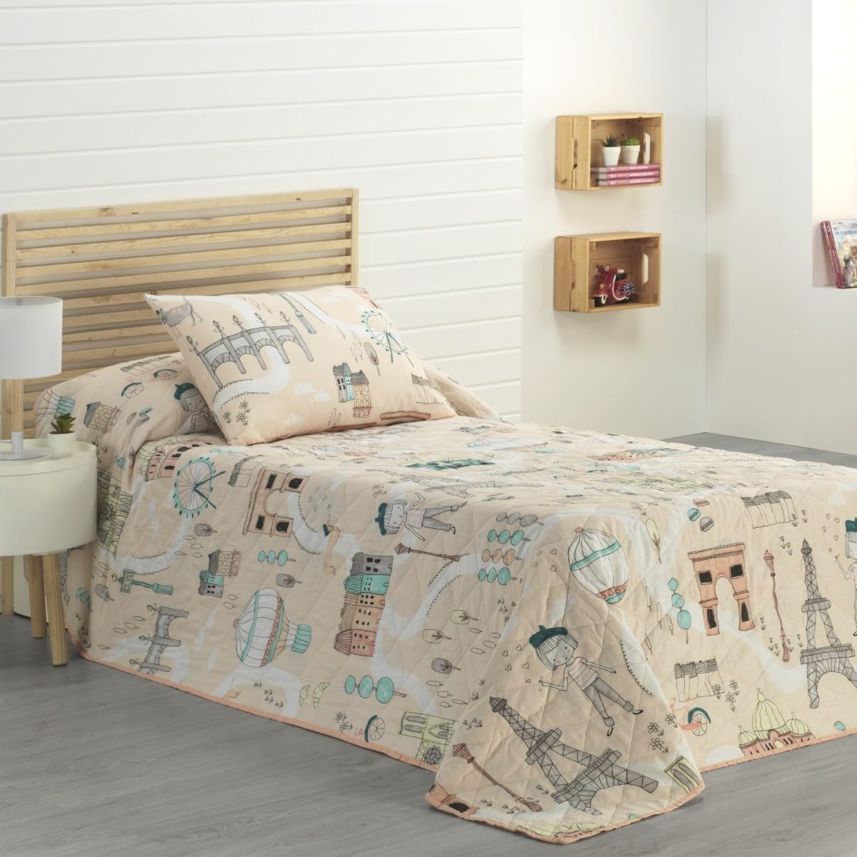 Colcha Bouti Infantil Cama 90 y Cama 105 Patrón Cosido Ohlalá Color Rosa Palo Talla Cama 90/105