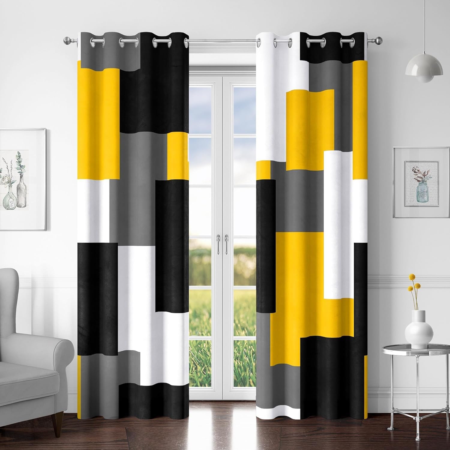 Tyrot Yellow 100% Blackout Curtains for Bedroom 84 inch Length 2 Panels Set Mustard Yellow Grey Modern Abstract Geometric Black Out Curtains Room Darkening Window Drapes for Living Room, 52Wx84L