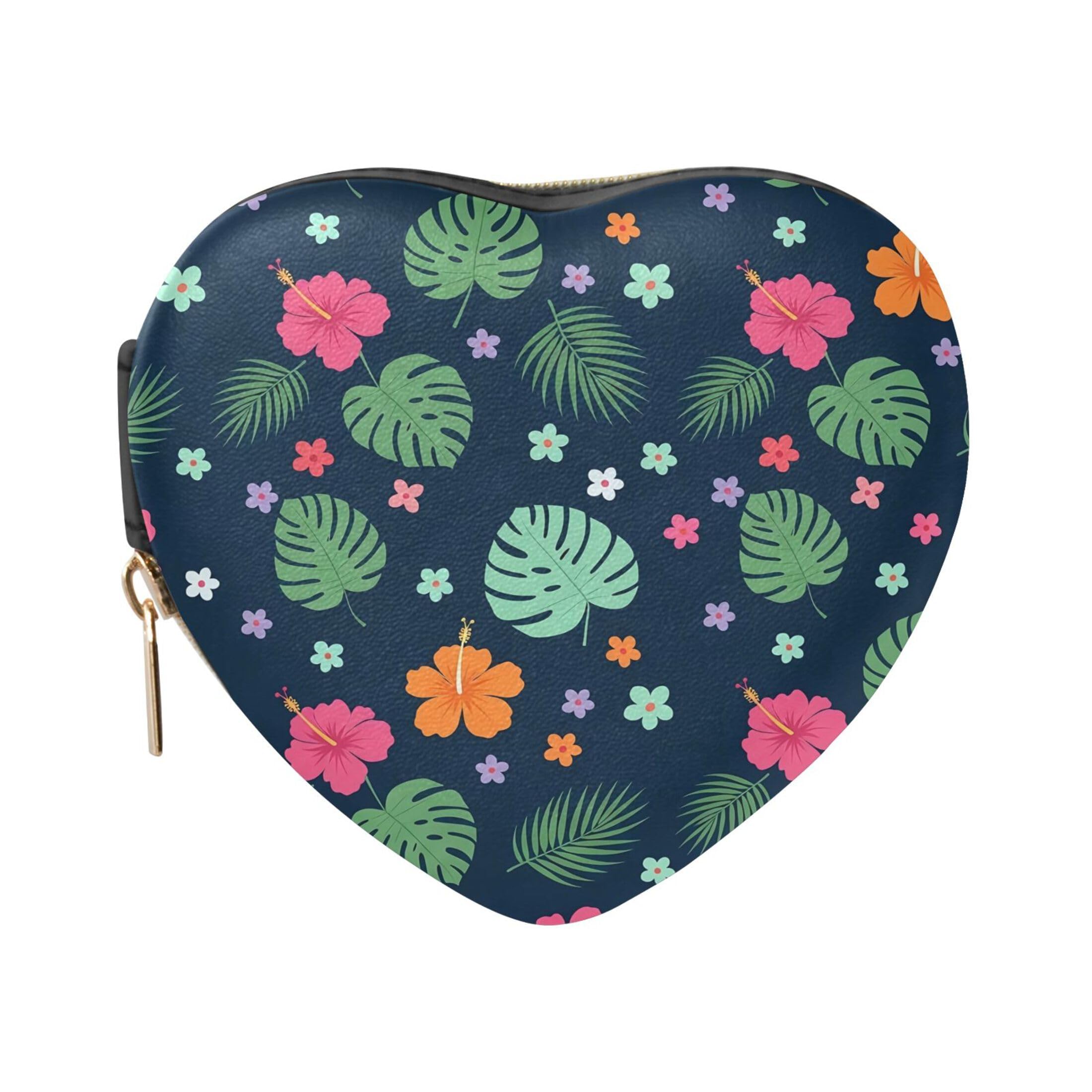 Fuauuyl Hibiscus Monstera Leaves Small Jewelry Box Heart-Shaped Jewelry Case, Portable Travel Organizer Bridesmaid Proposal Gift for Women Girls