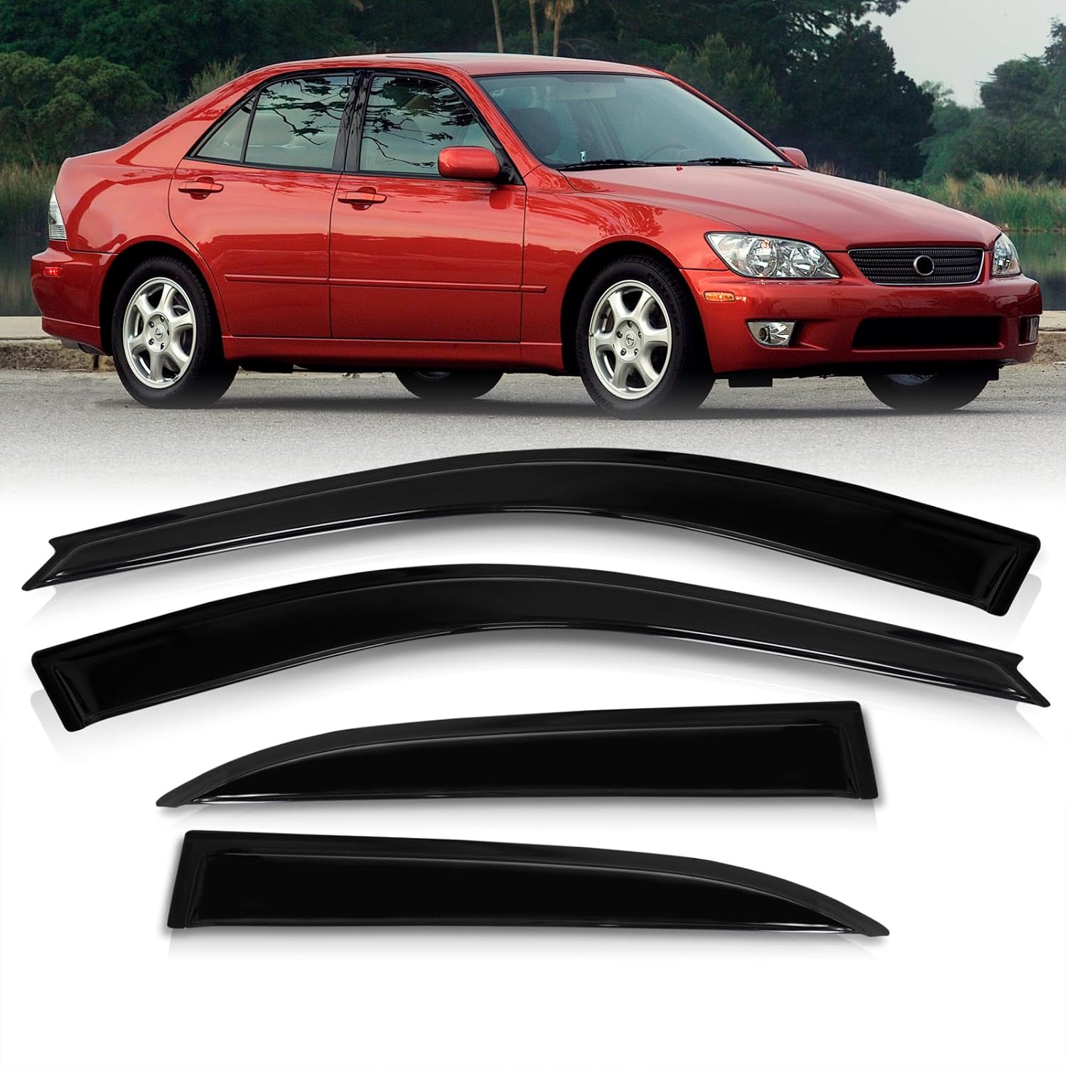 AJP Distributors 4PCS Tape-On Side Window Visor Rain Guard Sun Shade Vent Aerodynamic Wind Deflector Shield Compatible/Replacement For IS300 4-Door XE10 JDM VIP 2001 2002 2003 2004 2005 01 02 03 04 05