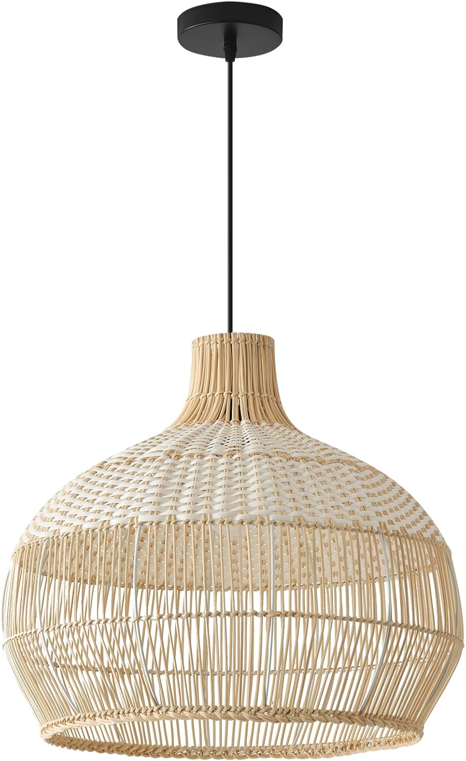 Rattan Pendant Light Fixture,15.74" White Hand-Woven Faux Rattan Bamboo Boho Hanging Lamp,for Dining Living Bedroom Kitchen Farmhouse White Rattan 15.74 in