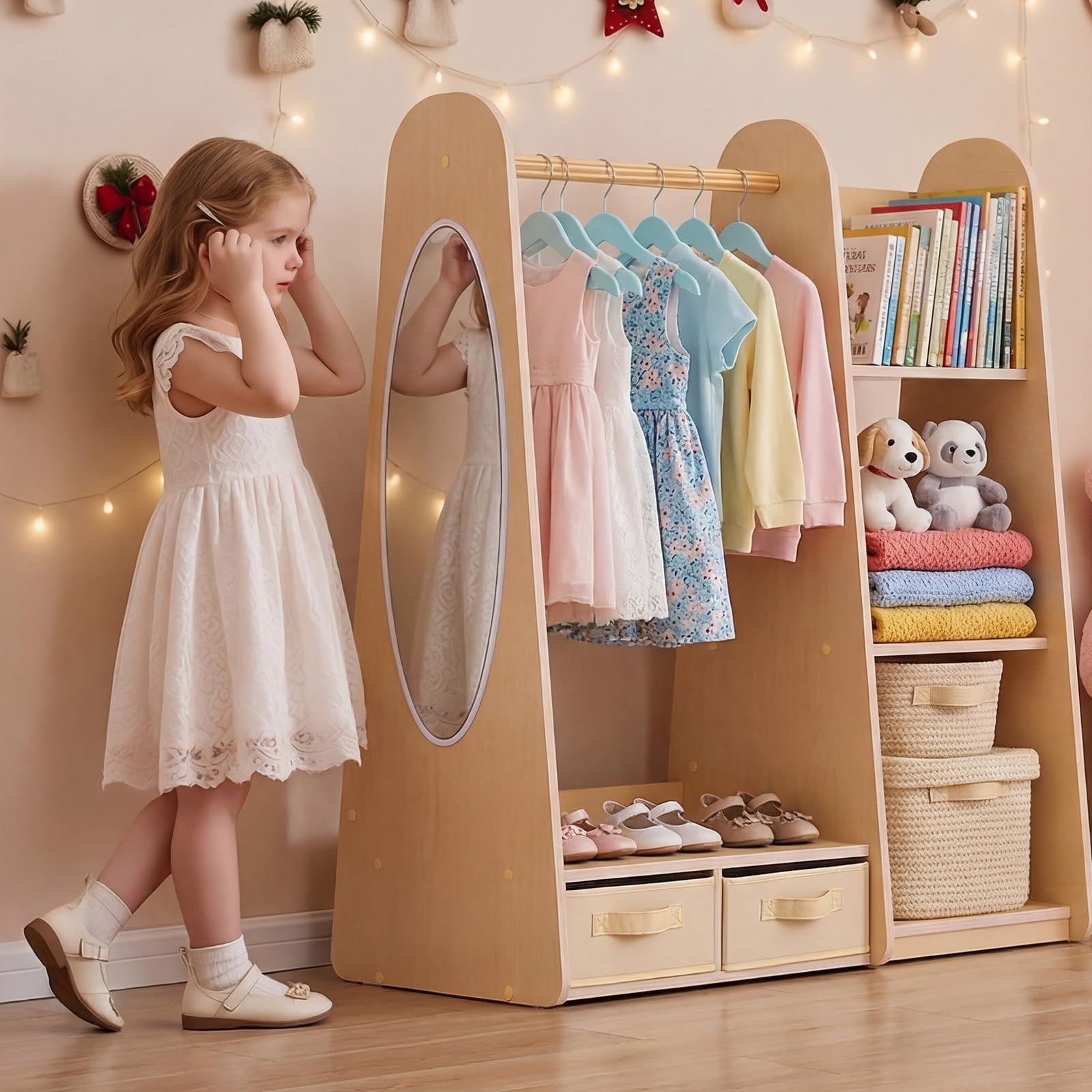 VEVOR Armario de Disfraces para Niños con Espejo, Mueble Montessori de Madera Natural, Perchero Infantil con Estantes, Organizador de Ropa con Compartimentos y Barra para Cuarto de Juegos y Dormitorio
