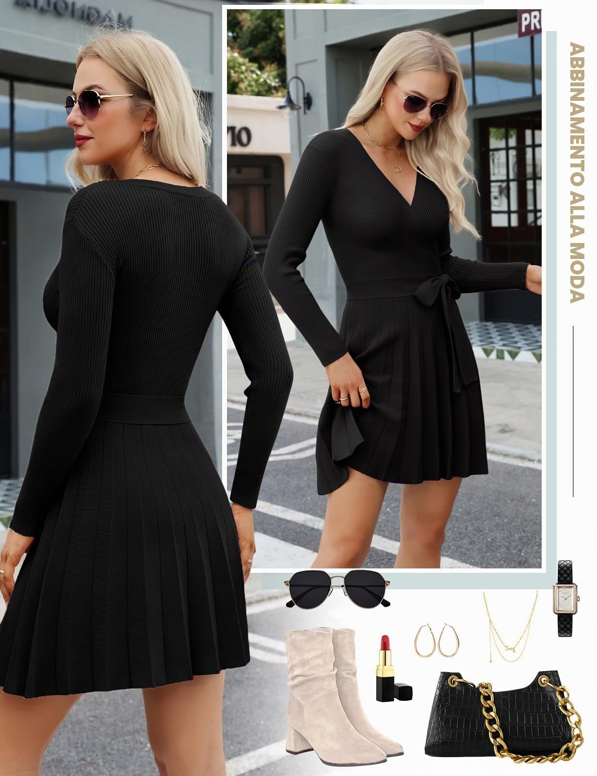 Vestito Donna Invernale Elegante Maglione Vestiti Maniche Lunghe Maglia Scollo a V Abito Elasticizzato Casual Tubino Lavorato Abiti Autunno Inverno