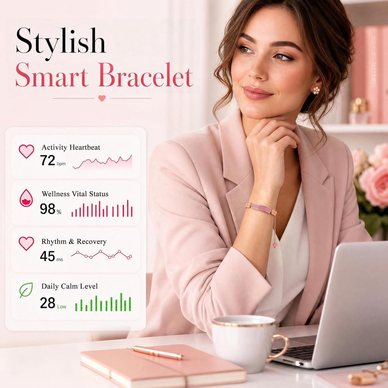 Braccialetto intelligente da donna – Gioielli Fitness & Activity Tracker con attività 24/7 battito cardiaco, ritmo e recupero, tracker regolabile senza schermo per donne