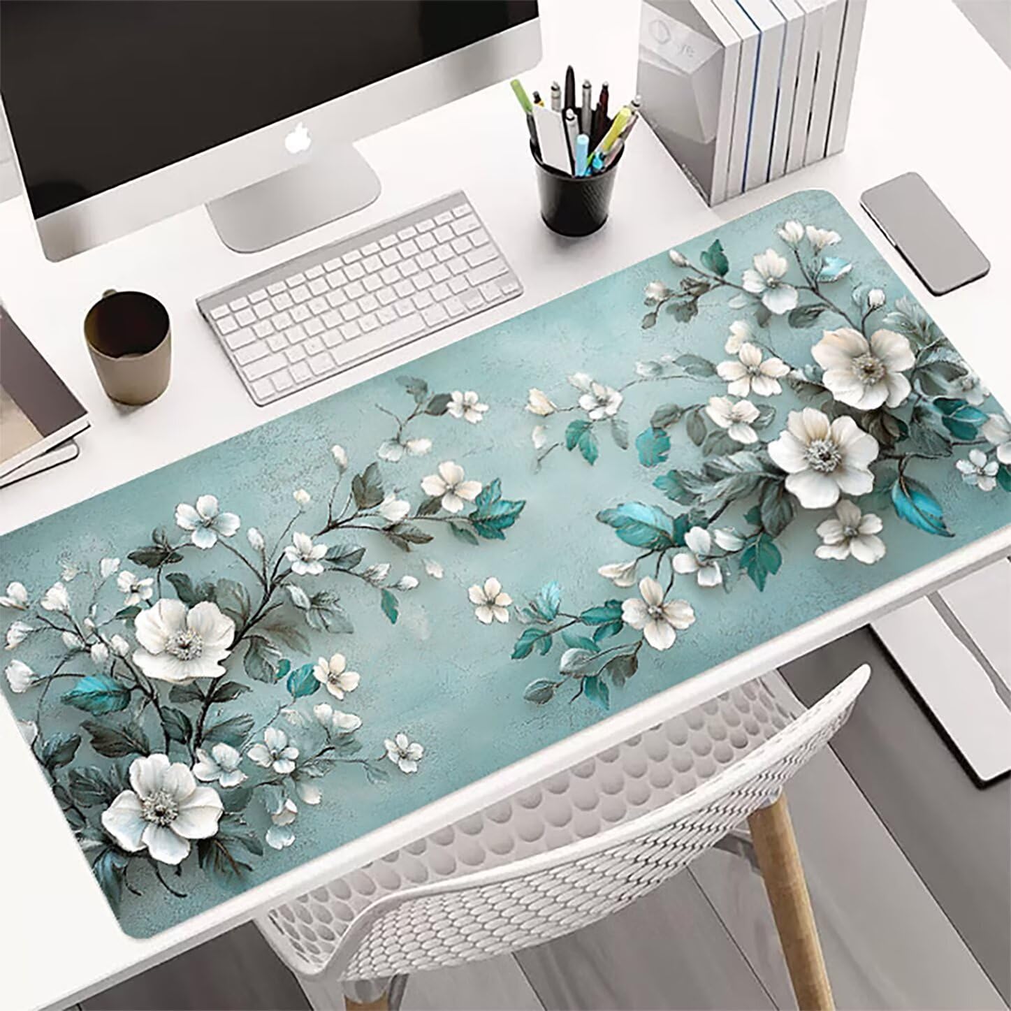 Lpfieonn Blume Großes Schreibtischunterlage, XXL Schreibtischunterlagen, Blau XXL Wasserdicht Gaming Mousepad mit Vernähter Rand und Rutschfeste Gummibasis, für Laptop/Hause/Büro 120x60cm PF-2693