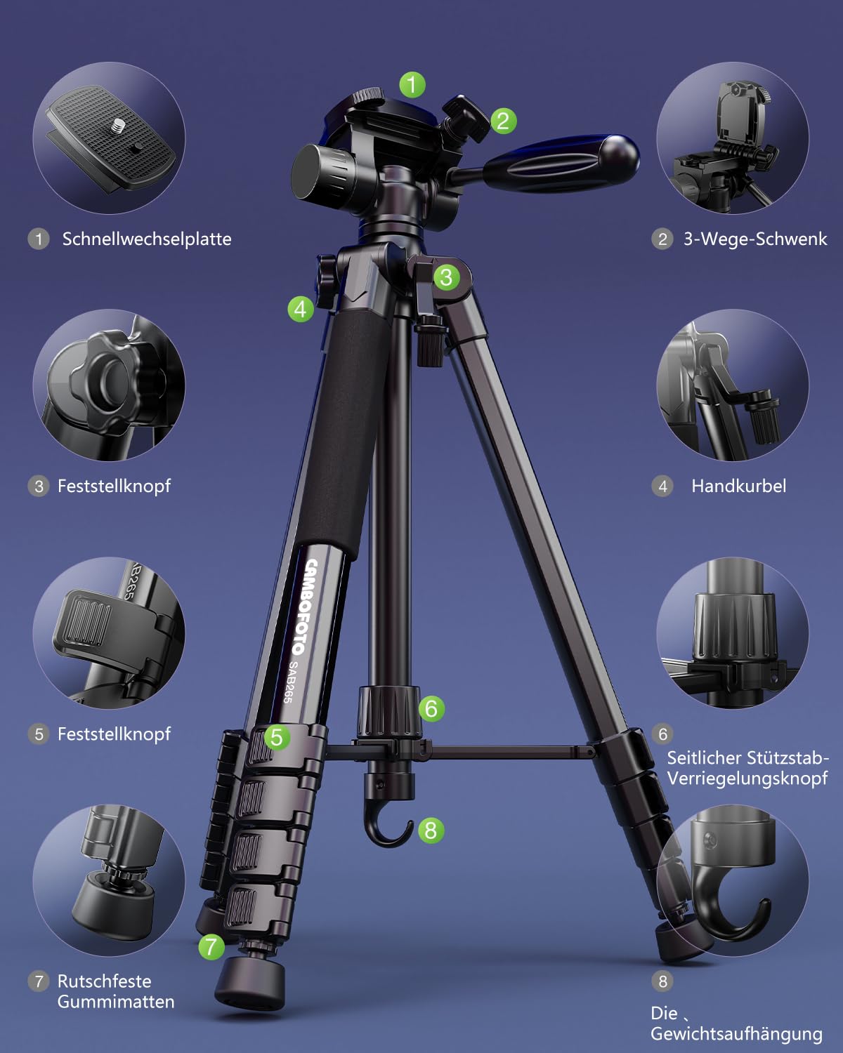 CAMBOFOTO 74" Aluminium Kamerastativ mit 360° Kugelkopf, 1/4 Schraubbefestigung, 4kg Belastbar, Schwarz