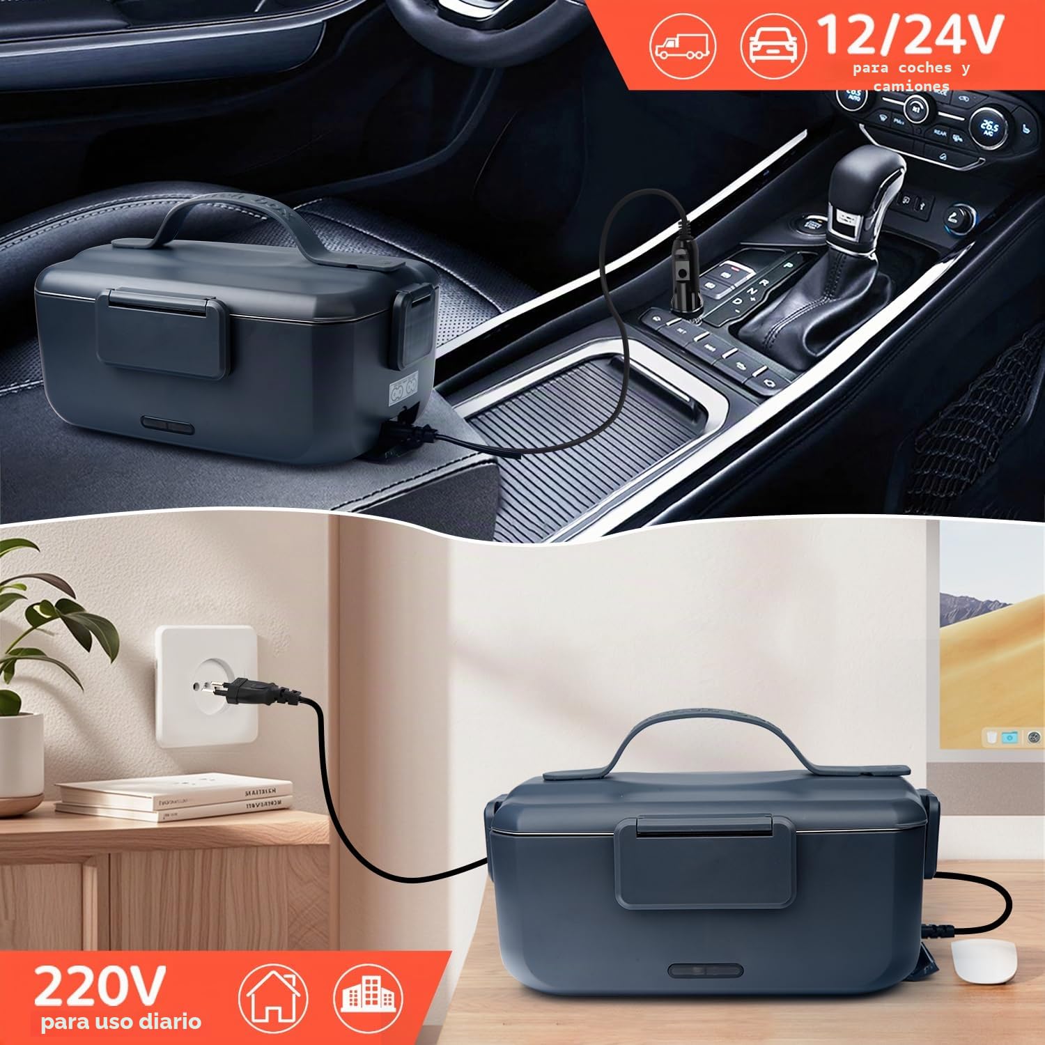 Fiambrera Eléctrica de 90W de Gran Capacidad, 3 en 1 Fiambreras Comida Trabajo, 12V/24V/220V Taper Eléctrico para Comida con Extraíbles para Coche y Oficina (Negro, 2 L)