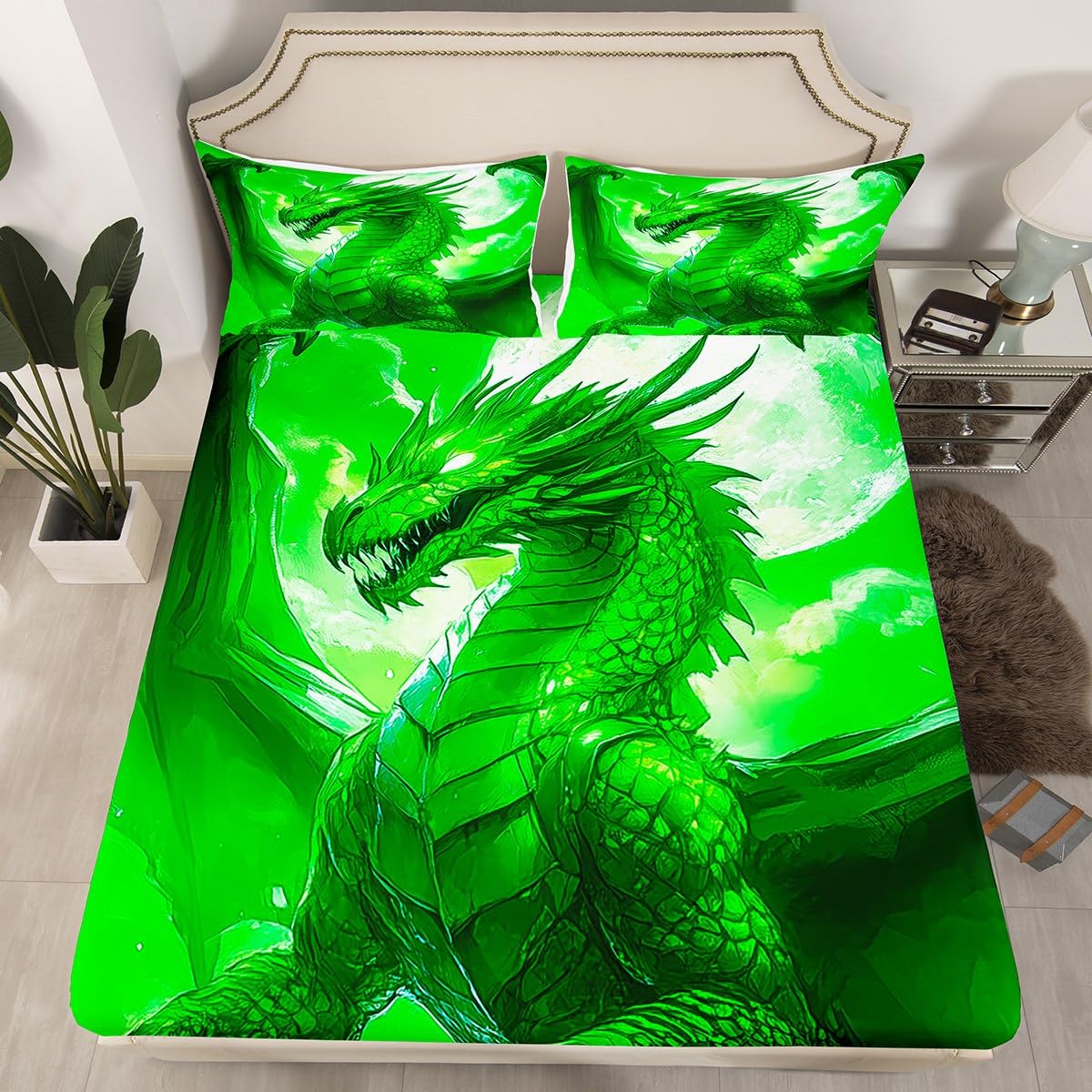 Erosebridal Turquoise Dragon Fitted Sheet Full,Mint Green Dragon Scales Bed Sheets for Kids Teens Adults,Dark Green Moon Bedding Set,Magical Ancient