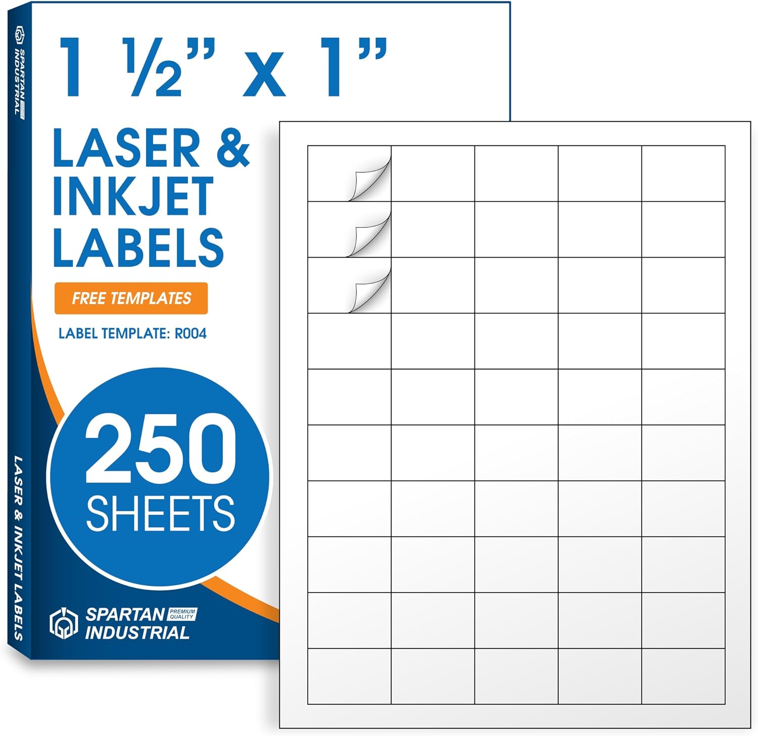 1 1/2" X 1" Printable Labels Compatible with Inkjet and Laser Printers - 250 Sheets, 12500 Total Paper Stickers for Return Addresses, UPC and EAN Barcodes - Spartan Industrial Template R004
