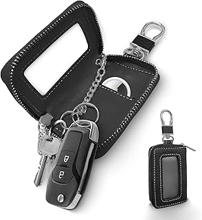 Universal Key Fob Cover,Car Key Case,Key Fob Protector, Layer Genuine Leather Car Smart Key Chain Keychain Holder,Metal Hook and Keyring Zipper Bag for Remote Key Fob Black