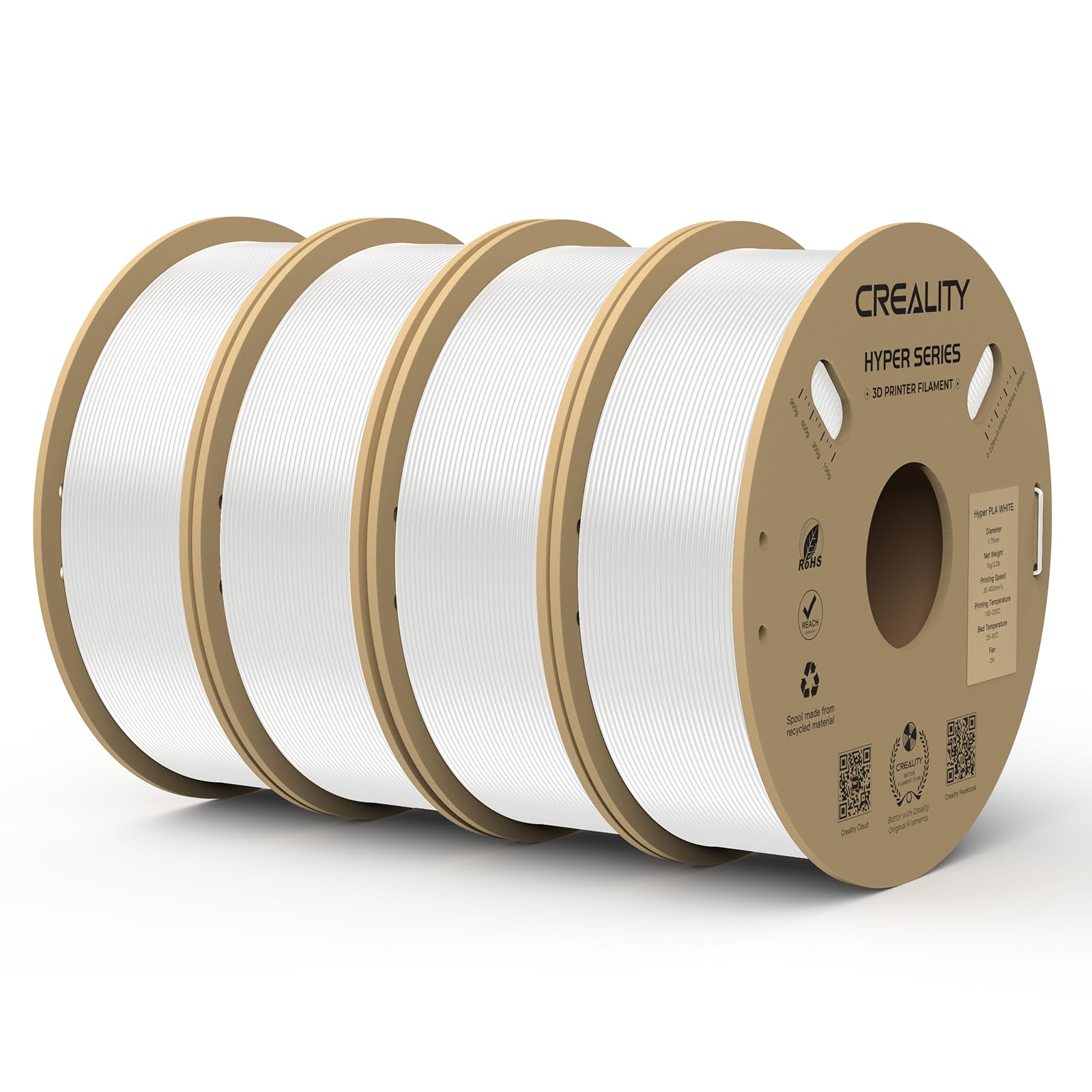 Creality Hyper PLA Filamento 1,75 mm, precisione dimensionale +/-0,02 mm, alta velocità di stampa 30-600 mm/s, per stampanti 3D FDM, 4 kg 8,8 libbre, 4 bianchi