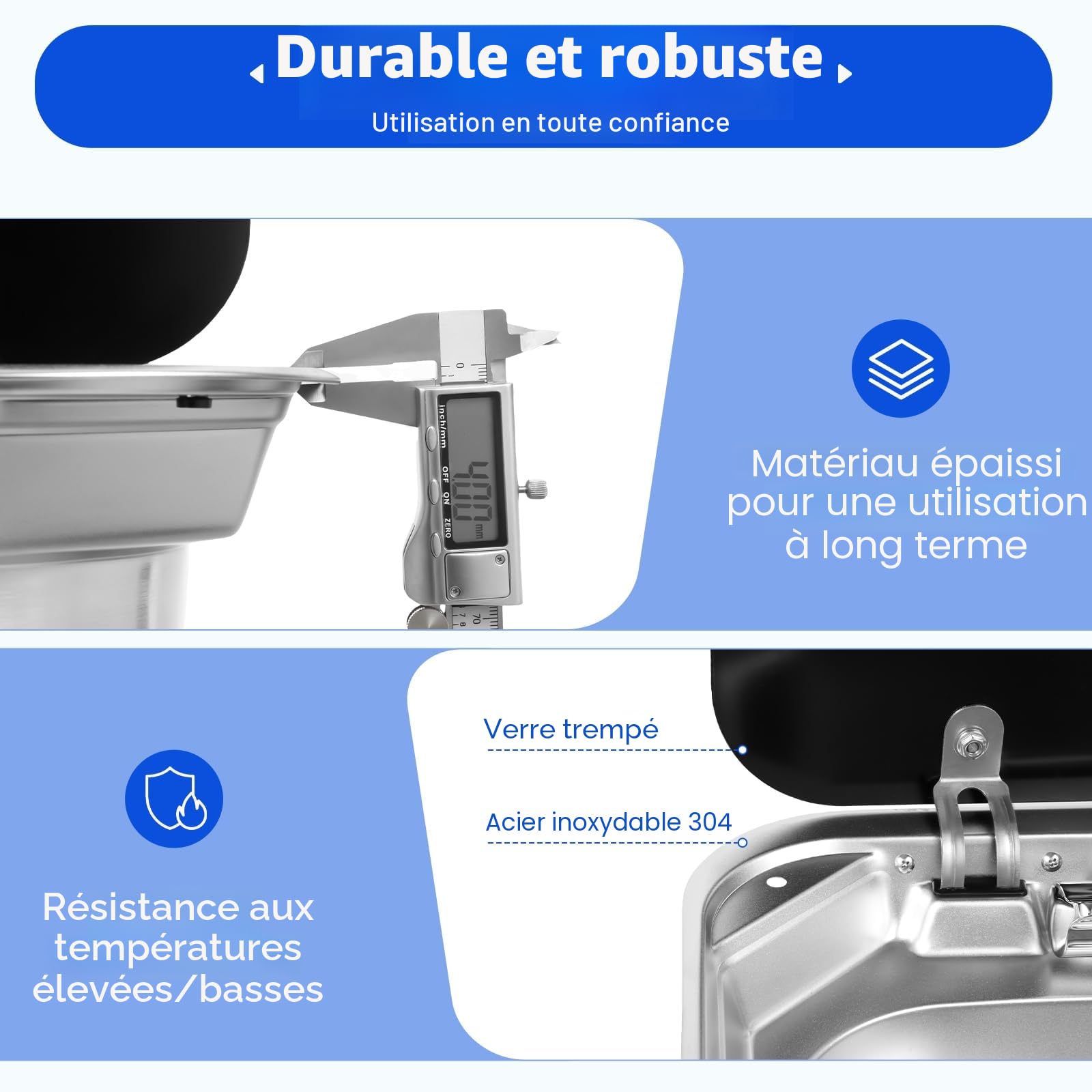 Lavabo simple à fermeture éclair avec couvercle, 41 x 36,5 x 16 cm, pour caravane, bateau, en acier inoxydable, pour camping-car, camping-car