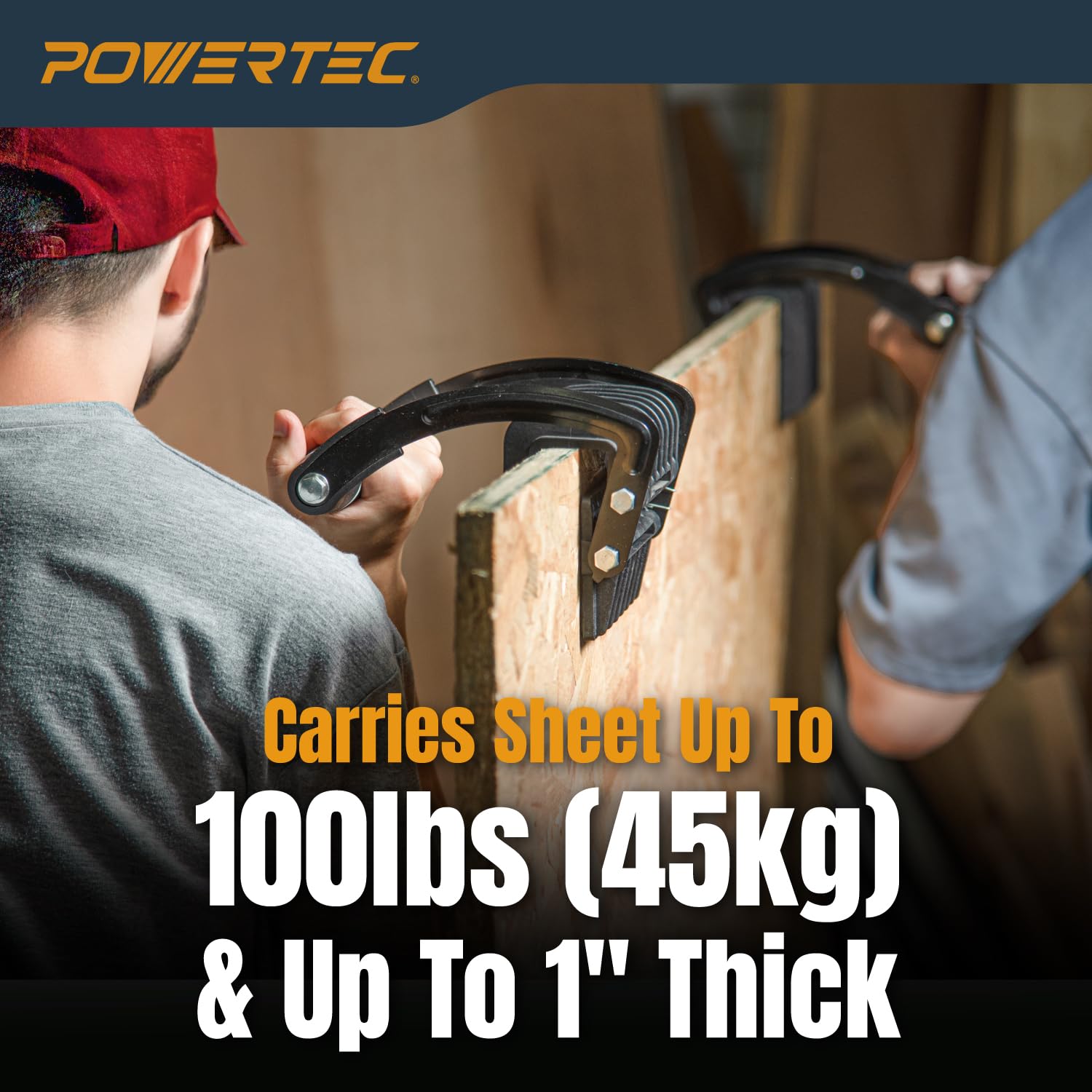 POWERTEC Supporto per pannelli in compensato e cartongesso, strumento di sollevamento ergonomico con una sola mano con capacità di 45,4 kg, resistente morsetto autoregolante per fogli fino a 2,5 cm di