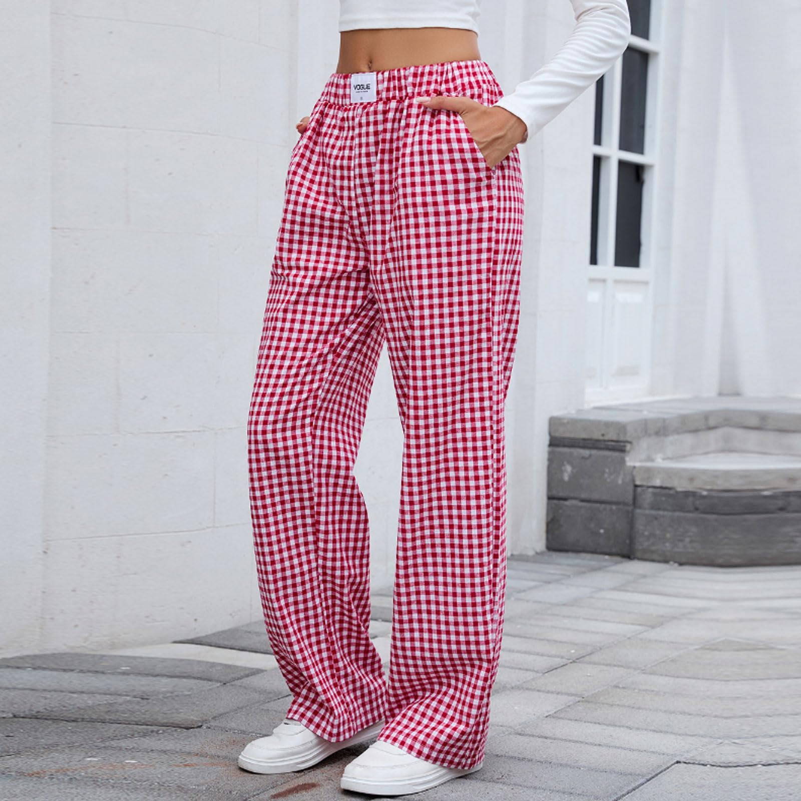Pantaloni lunghi da donna in 100% cotone – Pantaloni da pigiama a quadretti con morbido elastico in vita, ampie gambe e pratiche tasche | Pantaloni perfetti per serate di benessere