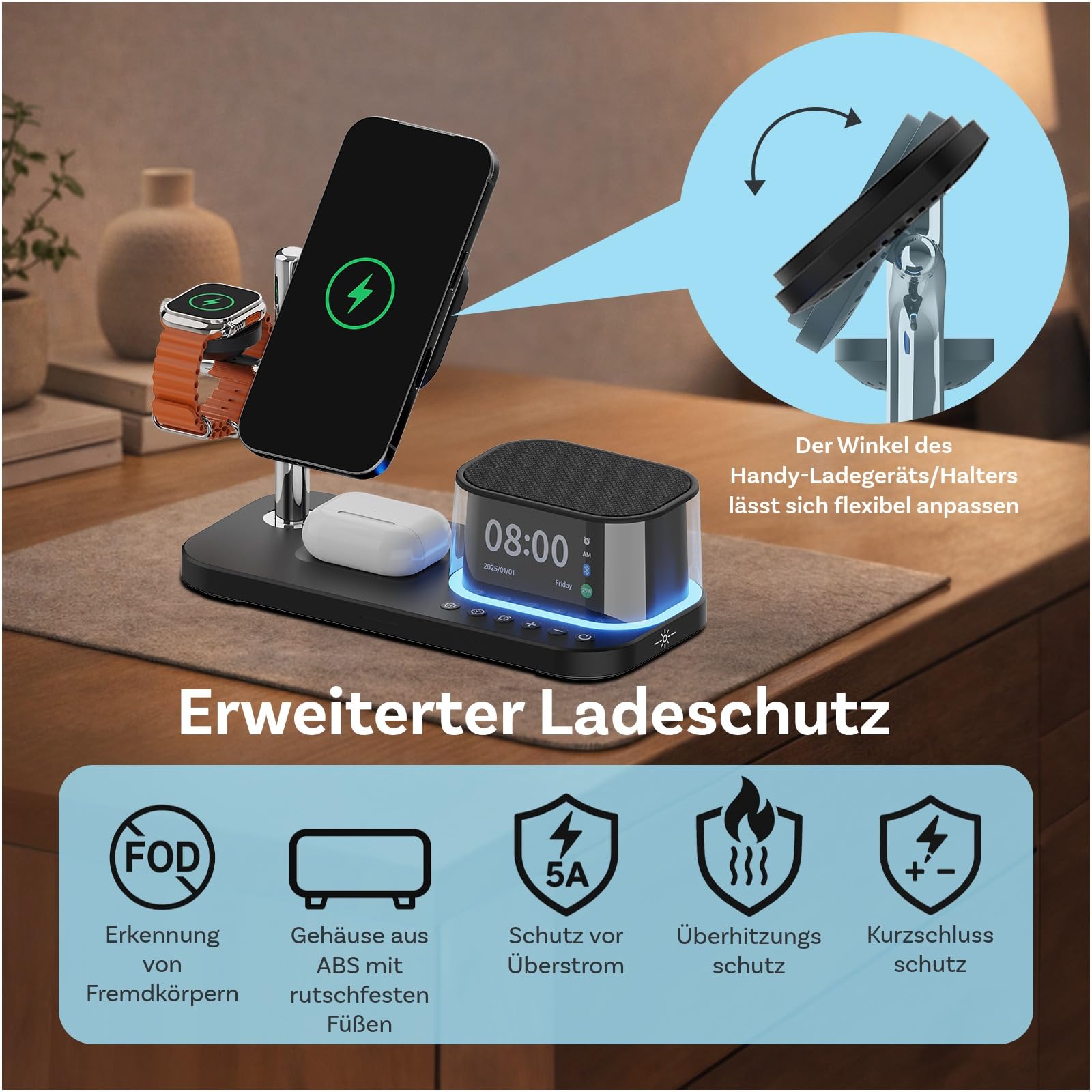 Kabellose Ladestation 5-in-1 mit Wecker, Bluetooth-Lautsprecher & LED-Nachtlicht für MagSafe von MMOBIEL – 25W Qi2.2 Magnetisches Kabellose Ladegerät für iPhone, Apple Watch & AirPods – Schwarz