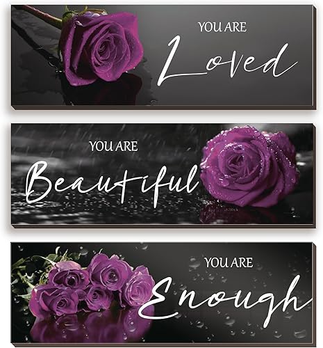 3 piezas de rosas moradas para decoración de pared, decoración de baño morada, arte de pared de madera, citas positivas You Are Loved You Are