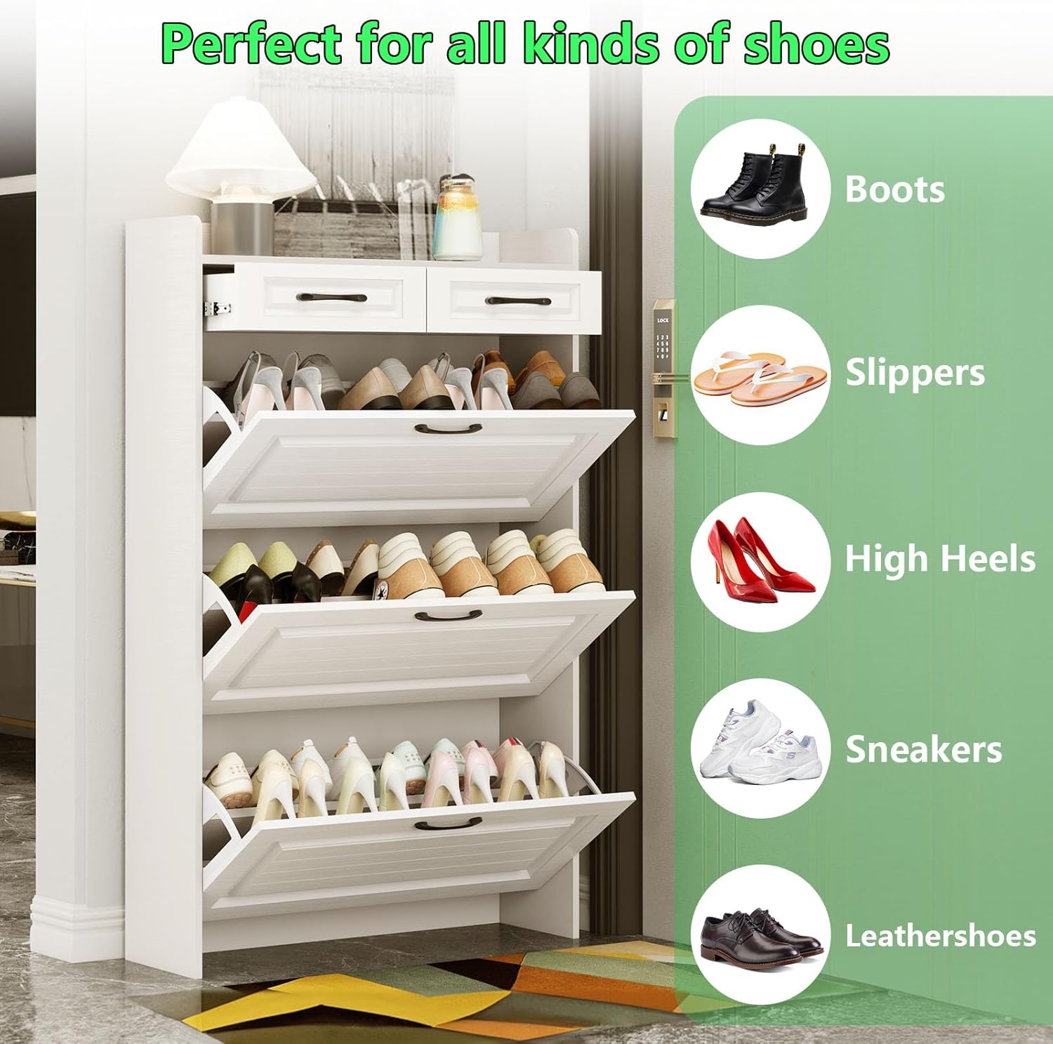 Shoe Cabinet, Entryway Cabinet Wooden Shoe Rack with 3 Flip Drawers and 2 Drawers, 3-Tier Adjustable Shelves Shoe Cabinet Organizer Freestanding for Entryway Hallway, Living Room(White)