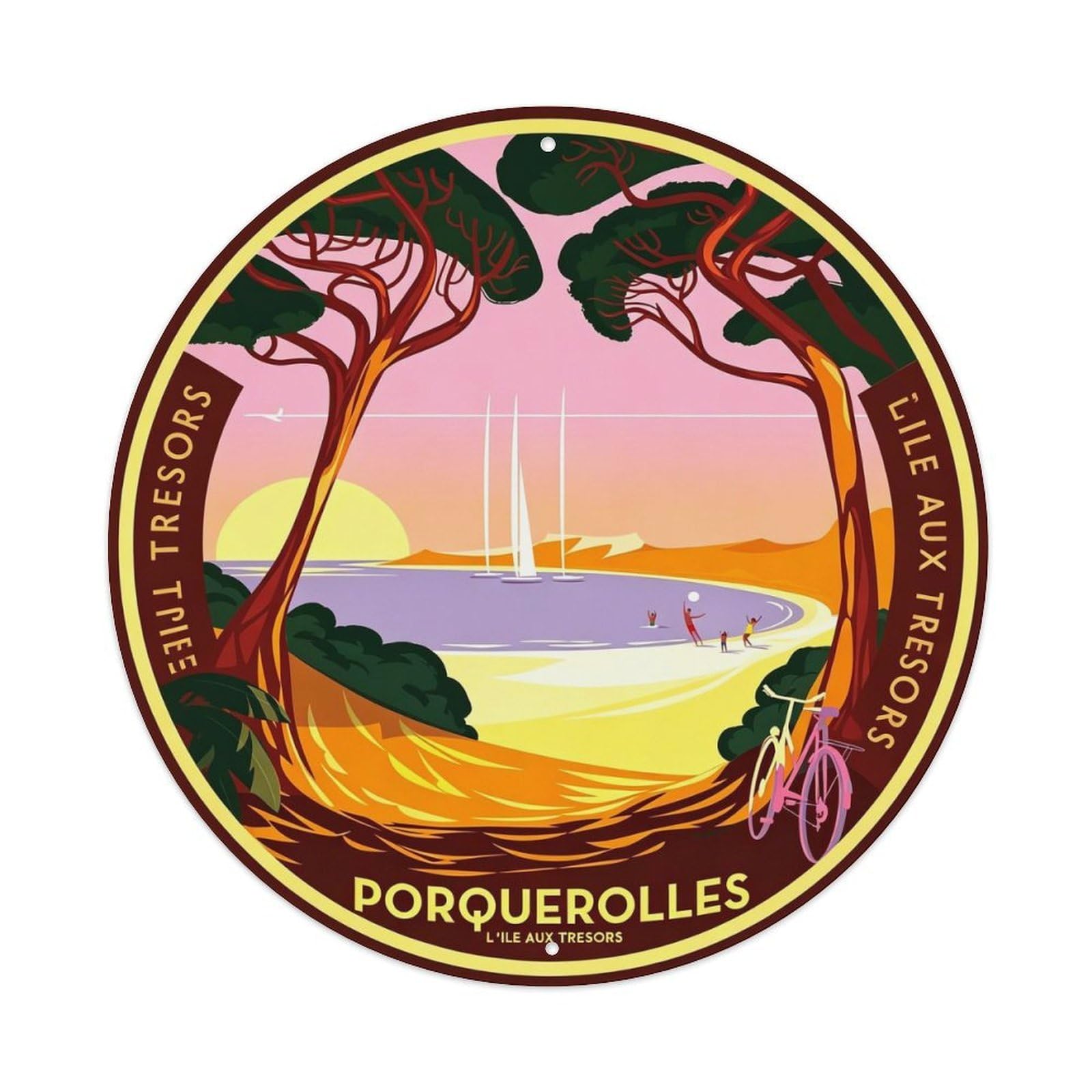 Travel Porquerolles Metal Tin Sign Plaque Wall Decor for Cafe, Club, Garden Round Metal Poster 8x8Inch
