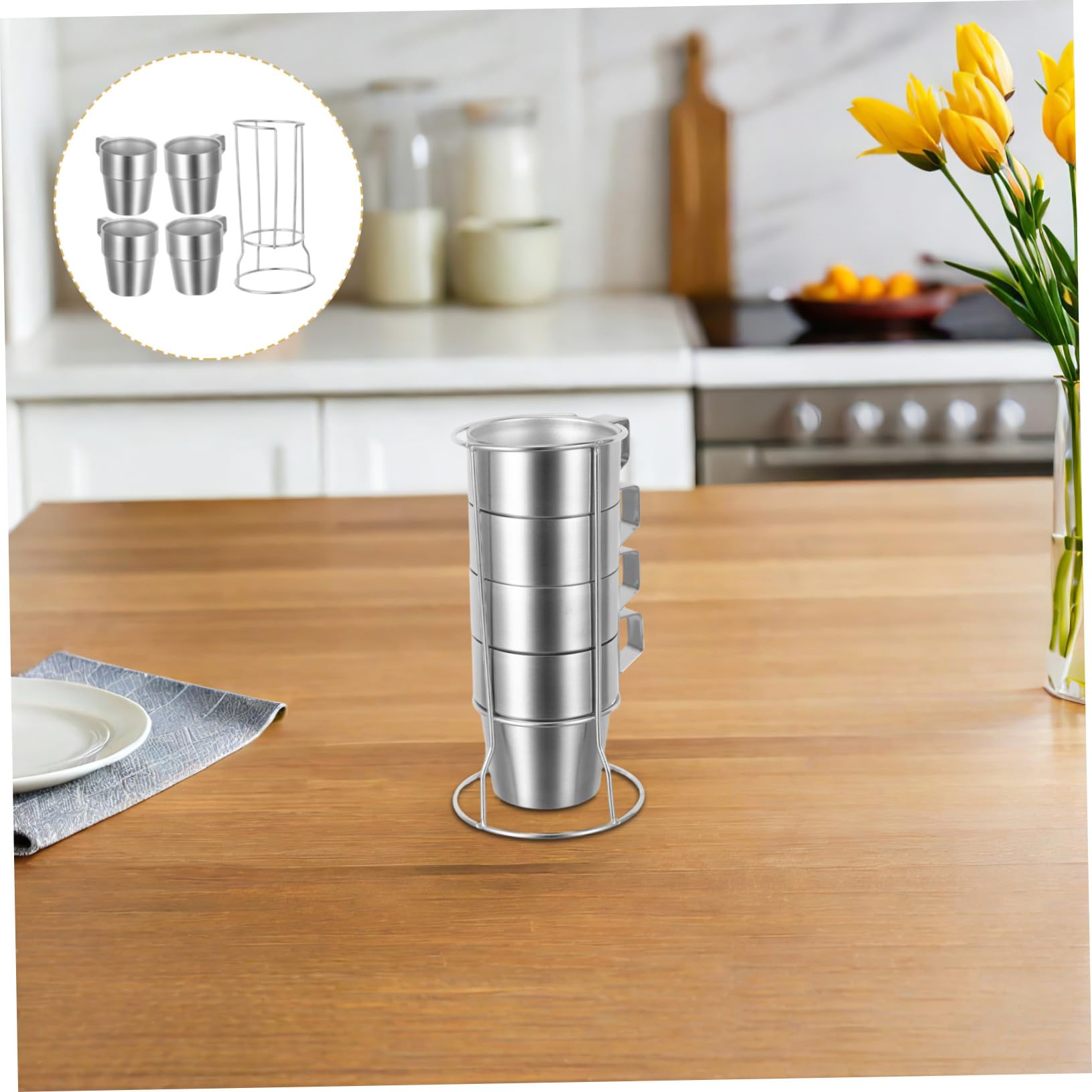 Juego de 4 Tazas Térmicas de Acero Inoxidable 300ml con Asa | Doble Pared, Apilables Rejilla, Plata, para Uso Doméstico y Salidas al Aire Libre