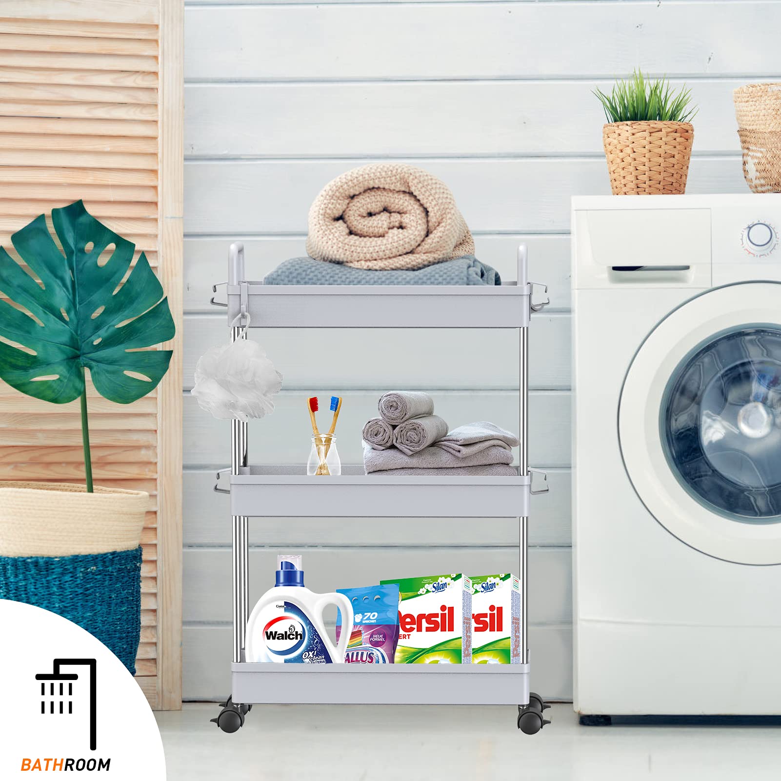 Ronlap 3 Tier Slim Rolling Storage Cart, Skinny Rolling Cart with