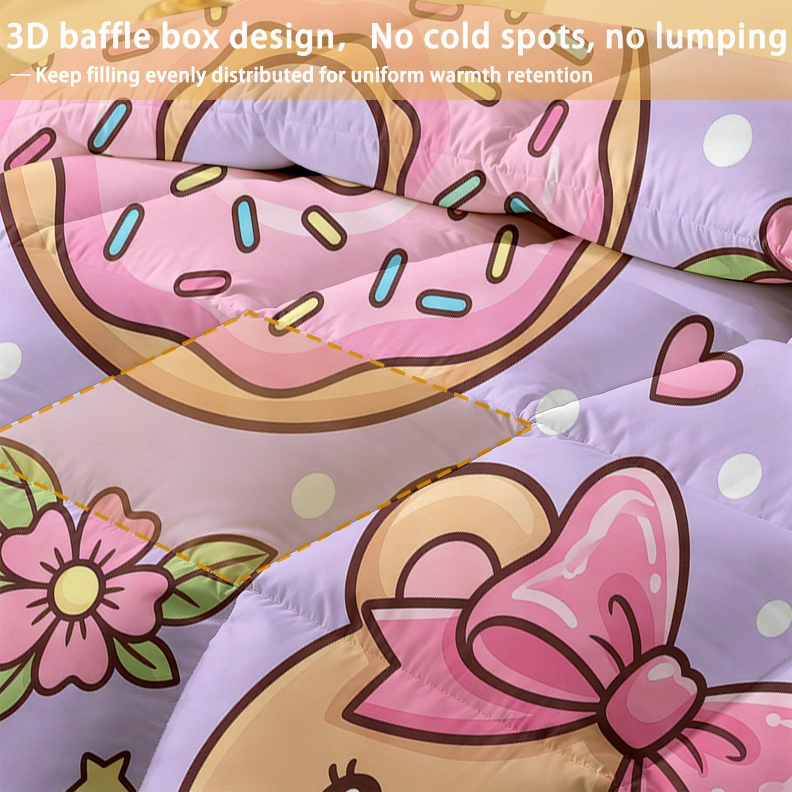 Doppelseitig Bettdecke 135 x 200 cm, Cartoon Muster Wende Bettdecken, Donut Teddybär Milchtee Waschbare Bettdecke ohne Bezug mit 2 Kissenbezüge, Rosa Lila Weich Steppdecke für alle Jahreszeiten
