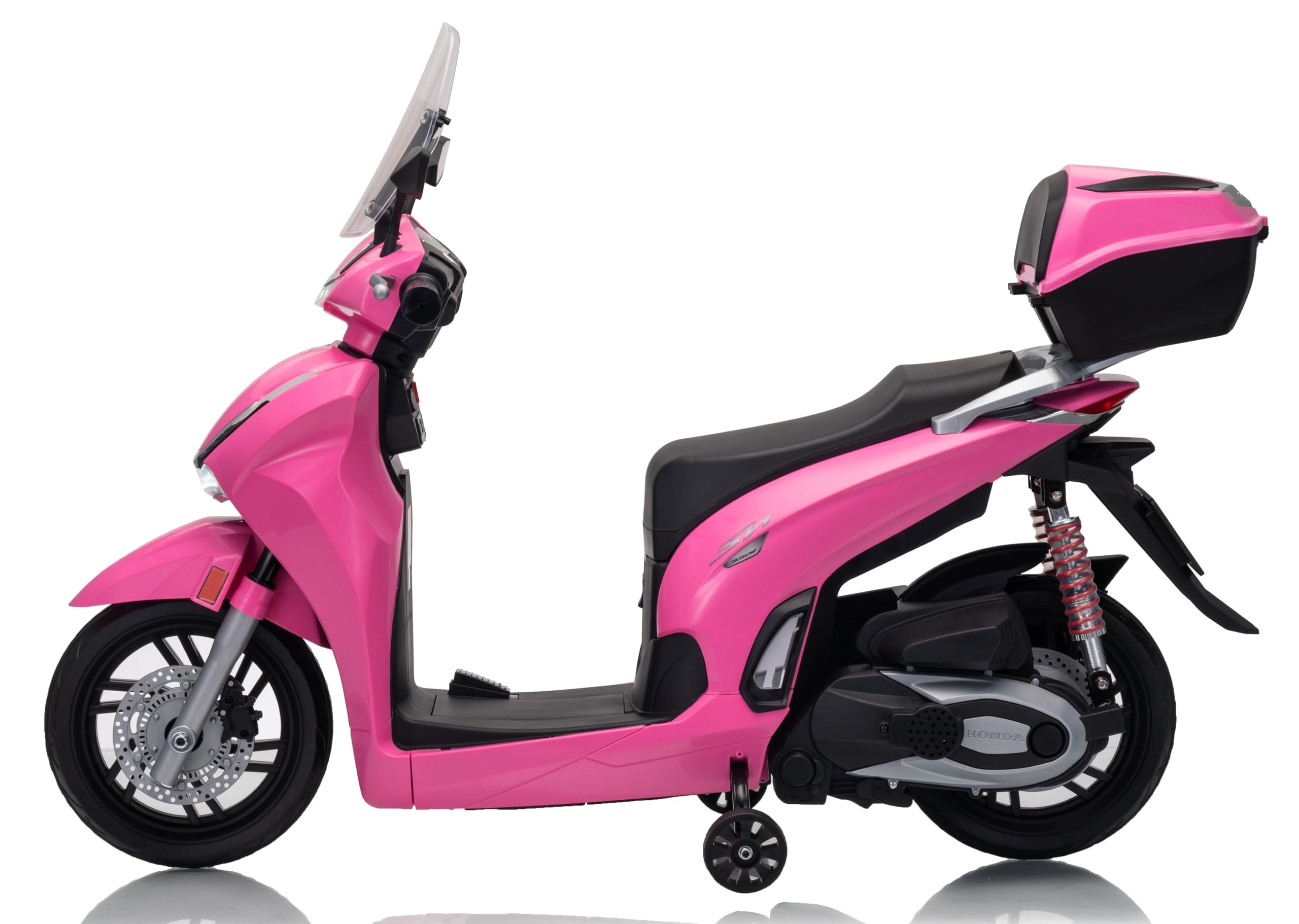 Honda SH 350 12V Moto Elettrica per Bambini con Licenza Ufficiale, Scooter Elettrico con Ruote in Gomma, Sedile in Pelle, Bauletto, Rotelle Stabilizzatrici, Luci LED e Suoni, MP3 Rosa