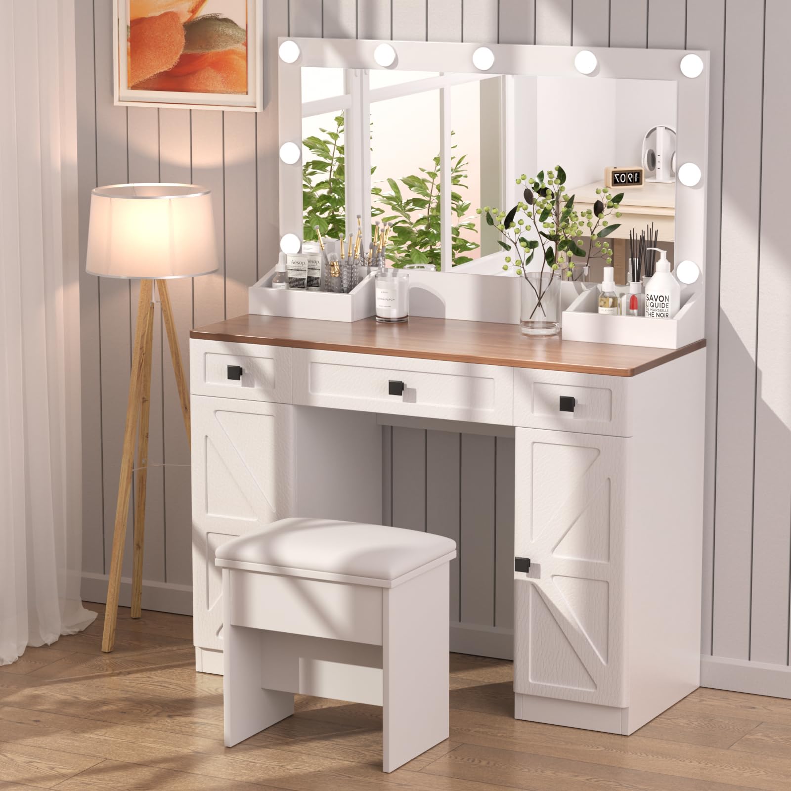 Vanity Desk with Mirror and Hollywood Lights|Large Makeup Vanity Table and Chair Set|3 Drawers|2 Cabinets|11 LED Bulbs|3 Adjustable Light Modes|Hollywood Dressing Vanity Desk Set for Bedroom White