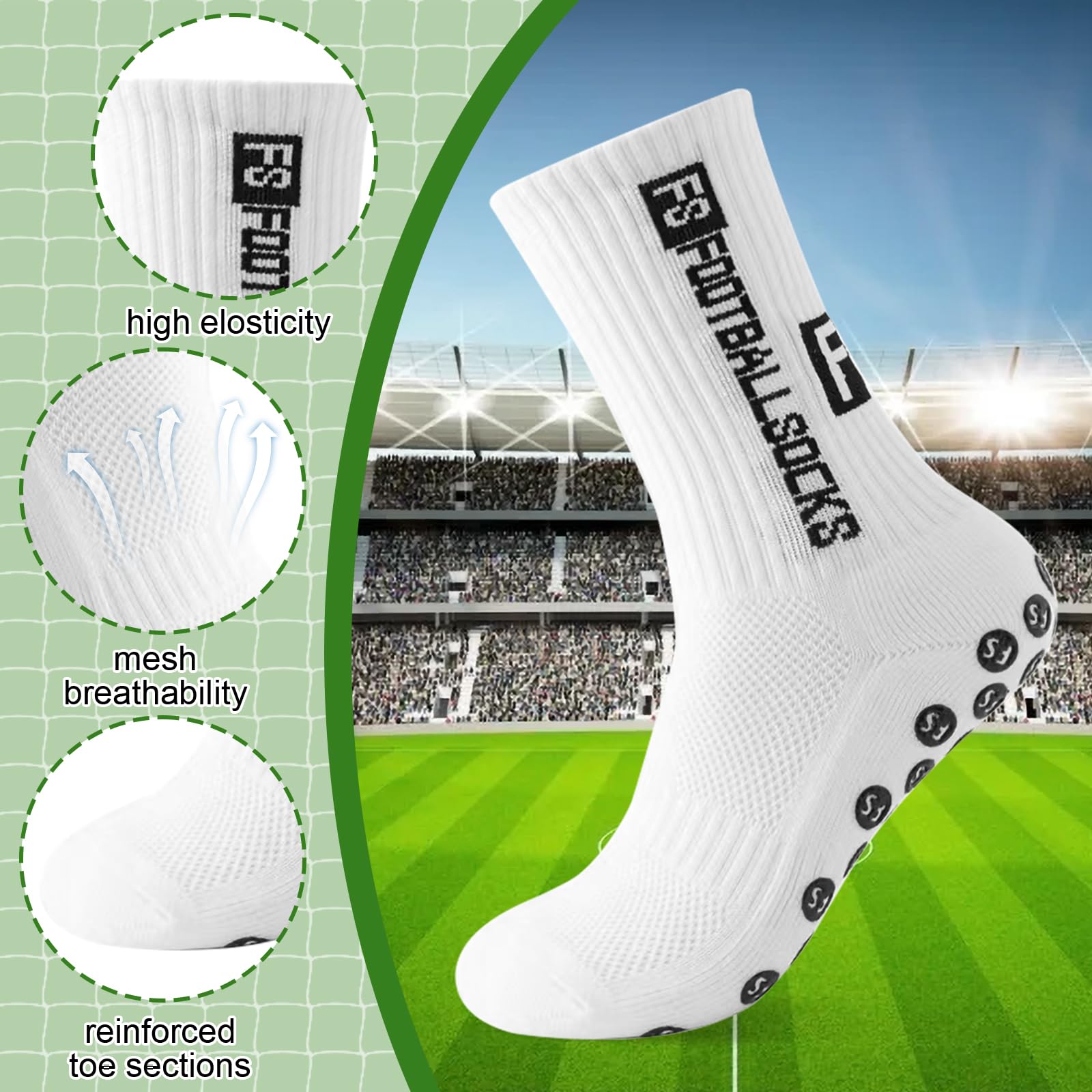 Lot de 3 paires de chaussettes de football antidérapantes pour homme, femme et enfant - Tailles 39-46 - Chaussettes de football antidérapantes pour football, basketball, course, respirantes - 4
