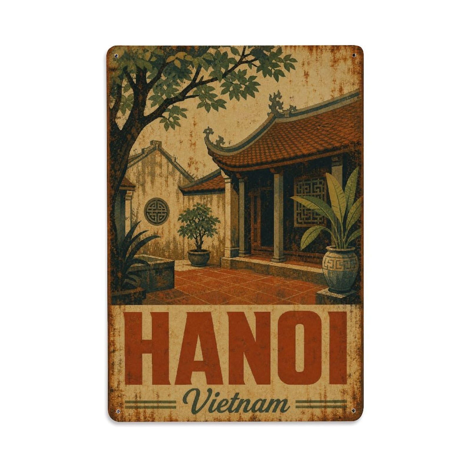 Hanoi Vietnam Temple Courtyard City Travel Retro Metal Tin Sign