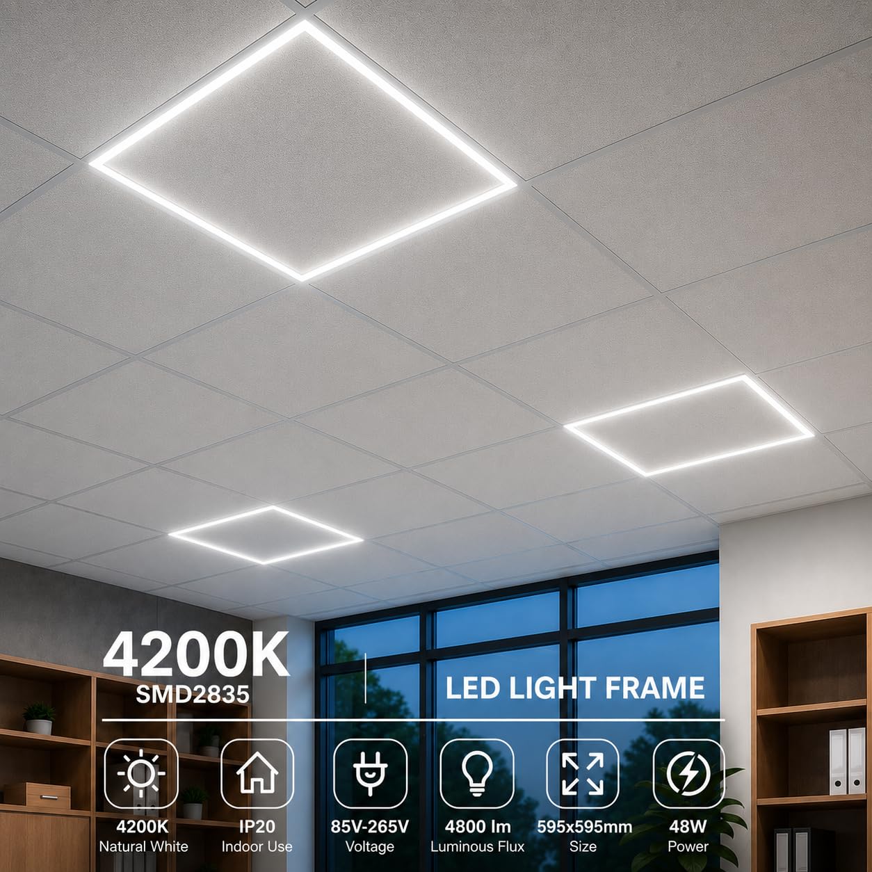 Jandei – Zestaw 2 x panel LED 60x60cm. Luminous Frame 48W 4800 lumenów, płyty do montażu podwieszanego sufitu wymiennego Armstrong, 40000 godzin - Sterownik w zestawie (światło naturalne 4200k)