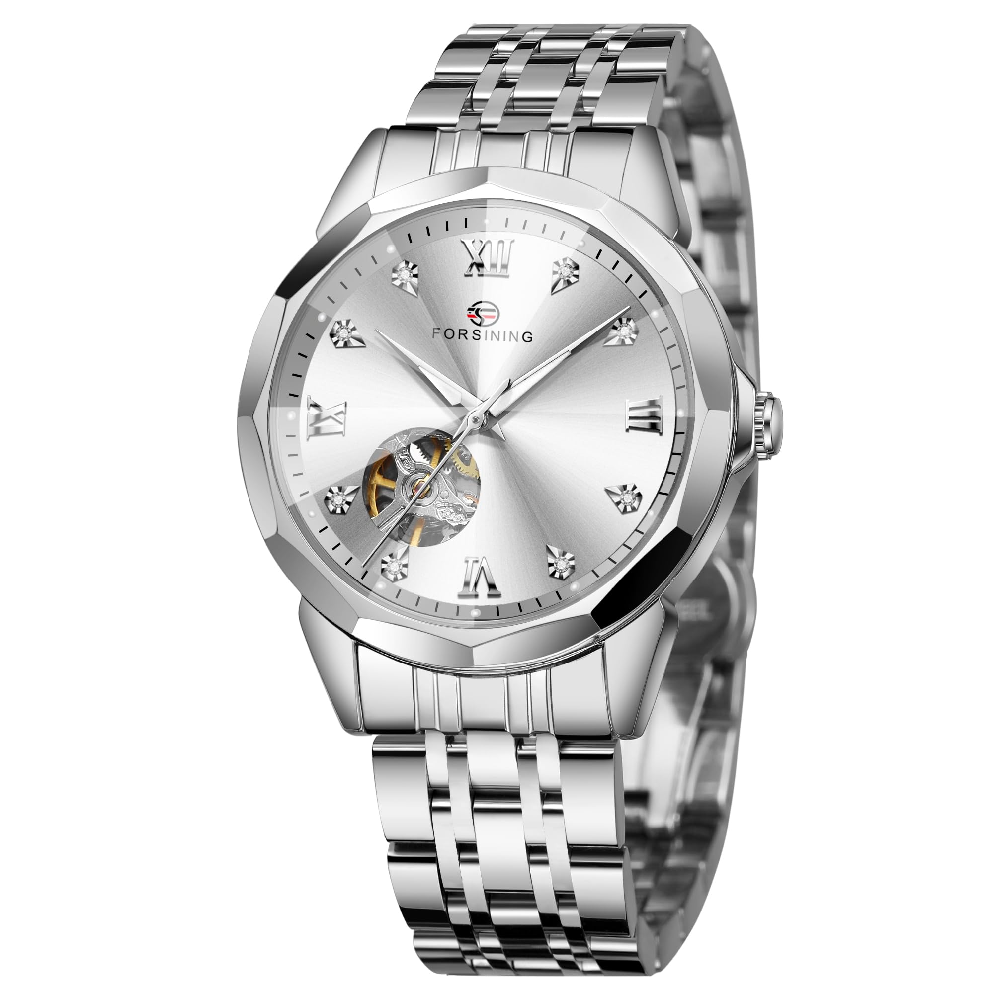 FORSINING Luxury Diamond Cut Design Case Automatic Mechanical Watch Fashion Diamond Studded Dial Skeleton Watch Tourbillon Casual Men Watch Date Day Ceremonial Dress Watch for Men