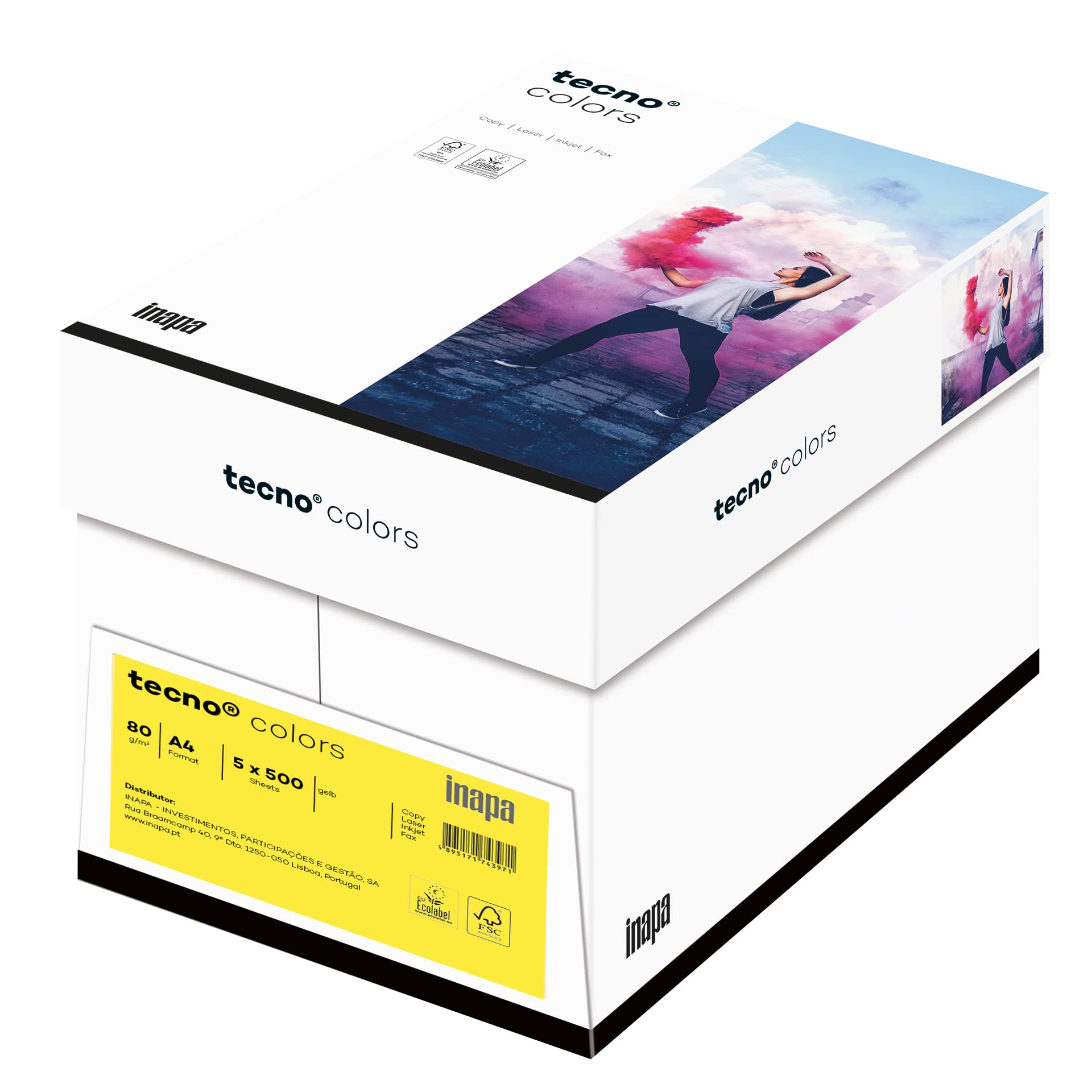 Inapa farbiges Druckerpapier, buntes Papier tecno Colors: 80 g/m², A4, 2.500 Blatt (5x500), gelb