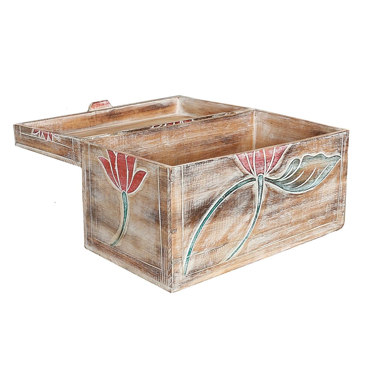 Truhe Holzkiste Holztruhe Schatztruhe Kiste Box Palmenholz Holzbox Blumen Schnitzereien Shabby Used Look Modell Baris Mittel 50 cm
