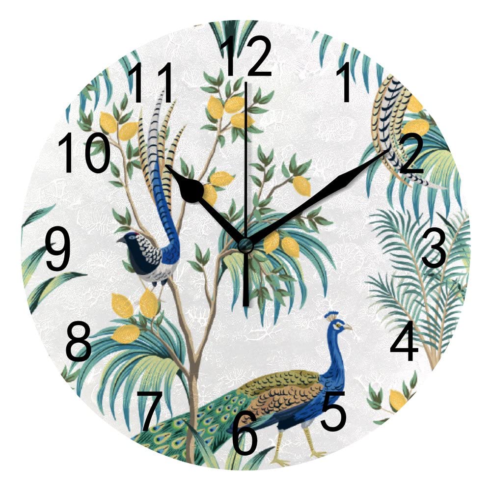 Botell Wall Clock for Living Room Decor Vintage Garden Lemon Fruit Peacock Hanging Round Desk Clocks Bathroom Kitchen Office