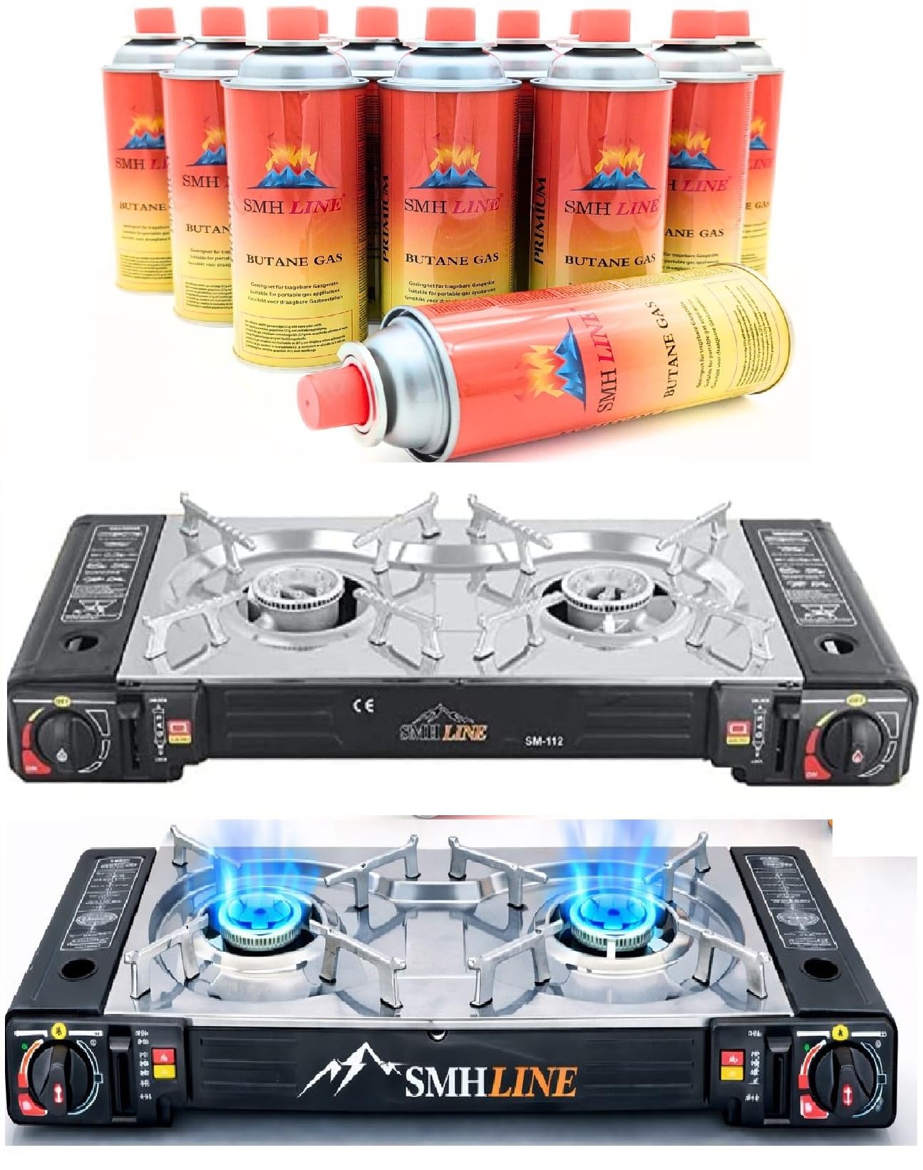 SMH LINE® Set di fornelli a gas doppio da campeggio, con 8 cartucce di gas da 227 g, per esterni, 2 fuochi GPL