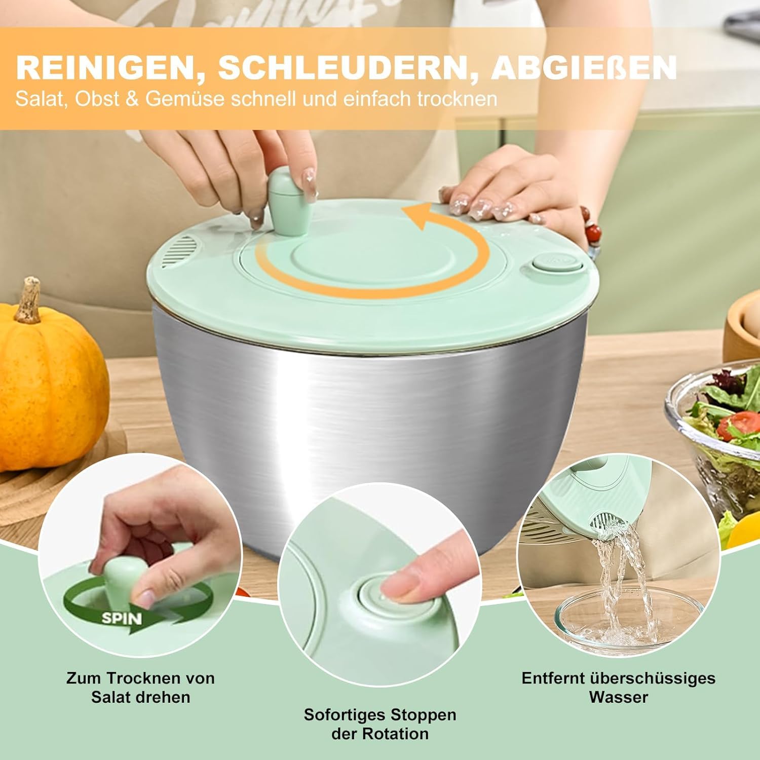 Souvik Centrifugadora de Lechuga en Acero Inoxidable, 5L Grande Escurridor de Ensalada con Tapa, Base Antideslizante, 6 Accesorios, Apta para Lavavajillas, Escurridor Verduras