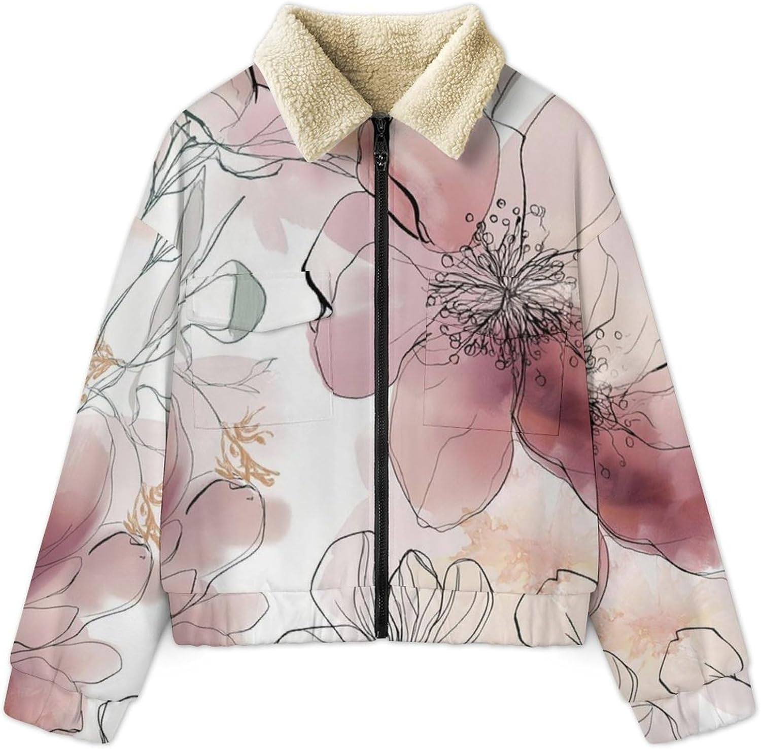 Women's Full Zip Soft Polar Fleece Jacket, Lines Flowers Printed Outdoor Coat, Long Sleeve Comfortable Outerwear