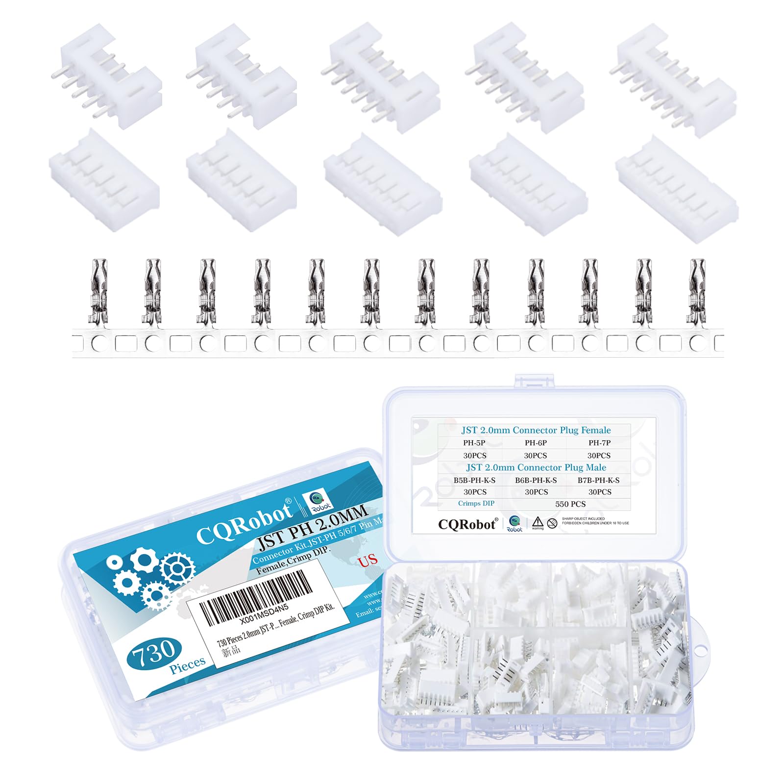 CQRobot JST PH 2.0 mm Pitch 5-Pin/6-Pin/7-Pin Electronic Connector IC Male Plugs, Female Sockets Housing and T-Shaped Crimp Terminal Kit. 90 Sets/730 Pieces Wire-to-Board Adapter Cable Assembly.