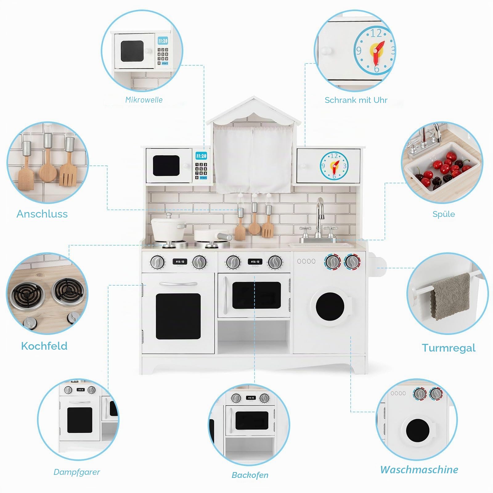 HOMASIS Kinderküche mit Spielzubehör, Kinder Spielküche Holz, Spielzeugküche mit Spüle Herd Backofen Mikrowelle Waschmaschine, Holzküche mit Kochgeschirr, Küchenset für Kinder ab 3 Jahre, 78x29x93cm