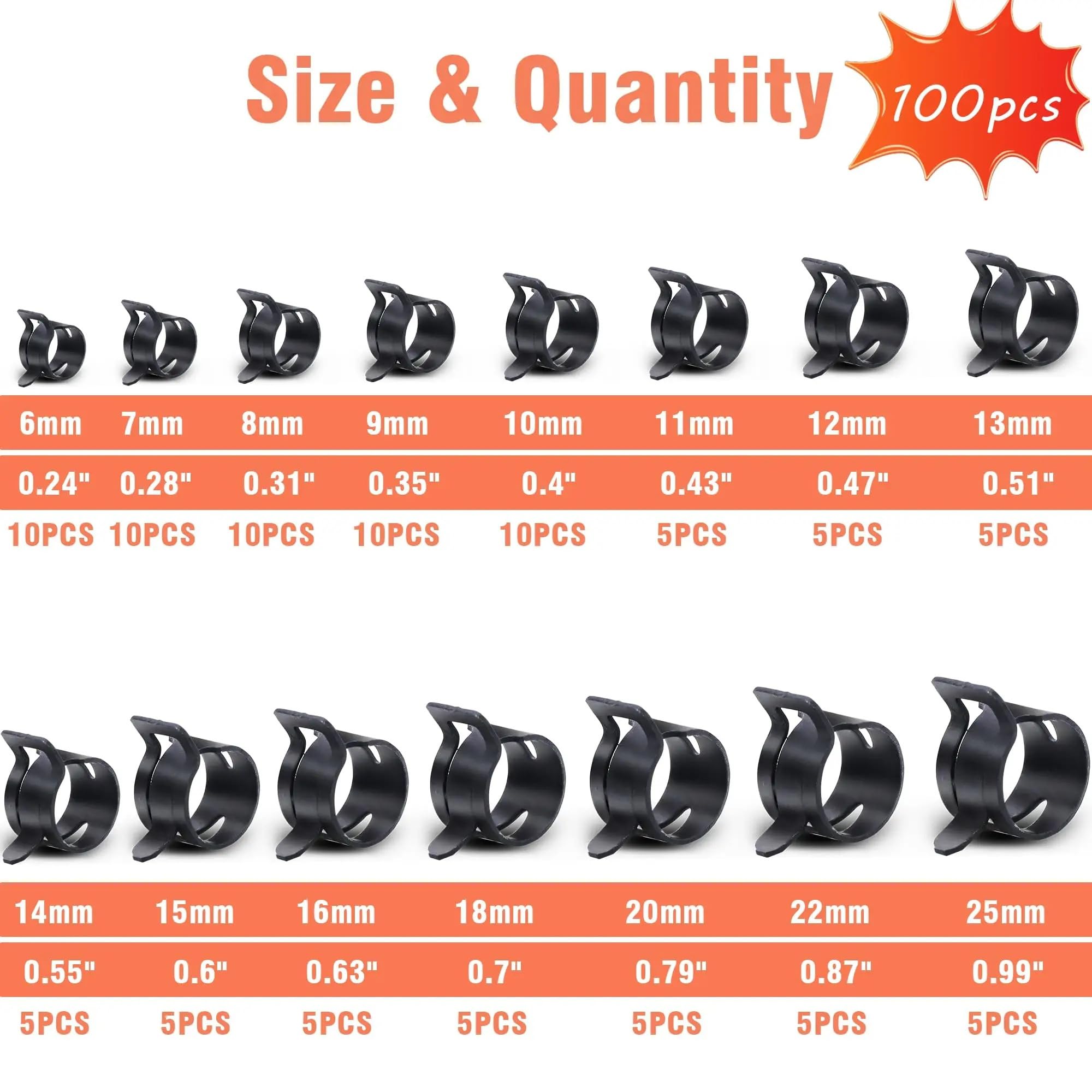 Kit de colliers de serrage à ressort avec pince 6-38 mm, pince à ressort noire for conduite de carburant, collier de serrage en silicone for tuyau à vide(100pcs 6-25mm)