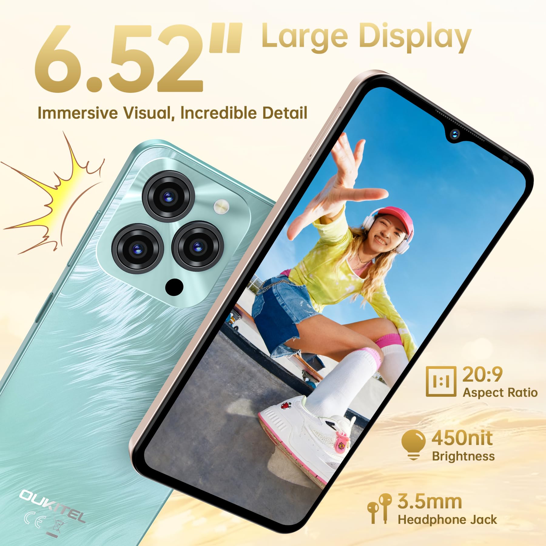 OUKITEL C3 Smartphone, 16GB+128GB/1TB Telefono Cellulare, 6.52" HD+ Smartphone Android, 5000mAh Telefoni Offerta, 13MP+5MP Camera Telefoni Cellulari, Dual 4G SIM Cellulari/Face ID/OTG/GPS/3.5mm Jack