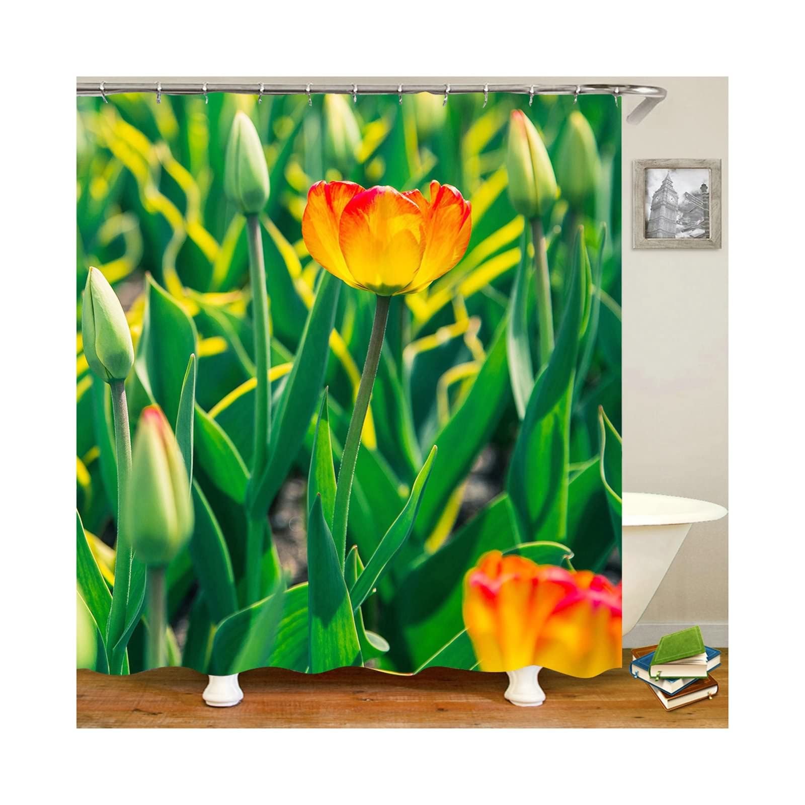 Rideau de douche imperméable orange vert en polyester 180x200 lavable avec anneaux