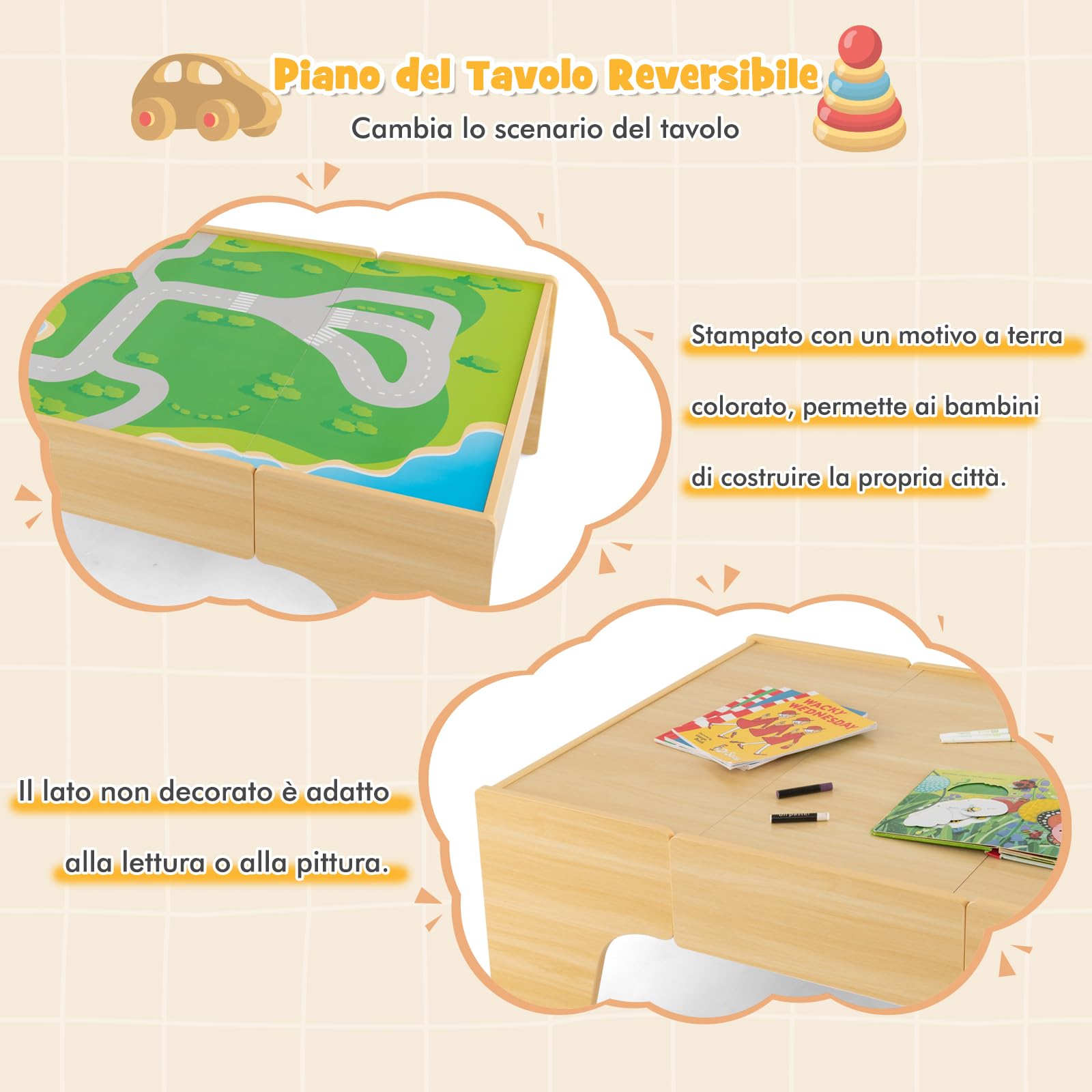 GYMAX Tavolo e Set Ferrovia in Legno, Set Gioco Colorato da 80/84 Pezzi con Piano Reversibile, Cassetto, Binari, Treni, Figure, Macchinine, Tavolo Giocattolo Educativo per Bambini 3 Anni+ (Stile 1)