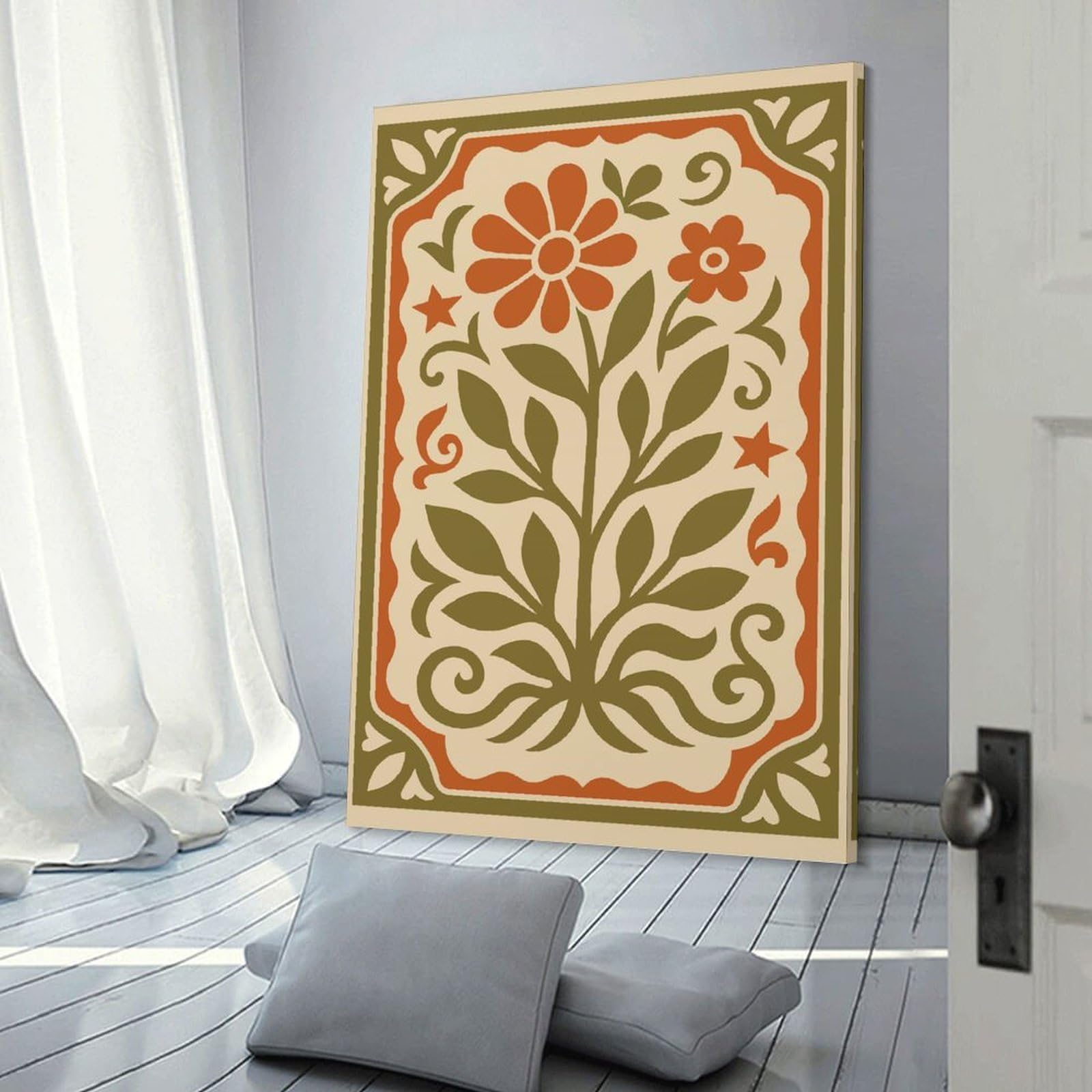 Junmoney Folk Art Floral Design Canvas Wall Art, 16x24inch(40x60cm), for Bedroom, Guest Room Or Reading Nook, Decorative Wall Art for Cosy Rooms
