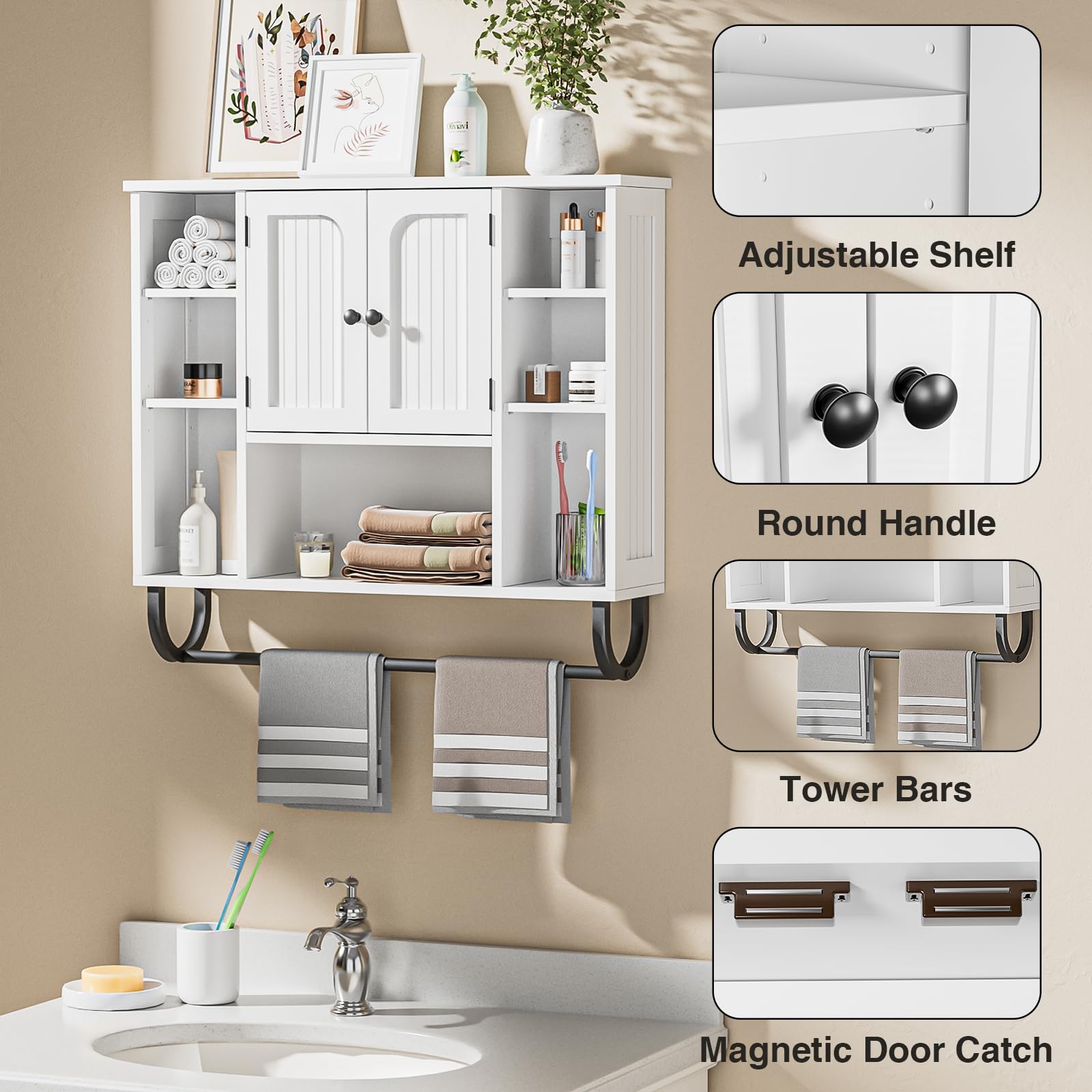 Badezimmerschrank hängend, Weißer Medizinschrank mit 2 Türen, Offener Raum und Verstellbare Regale, platzsparender Hängeschrank für Badezimmer, Küche und Wohnzimmer, 19D x 80W x 72H cm