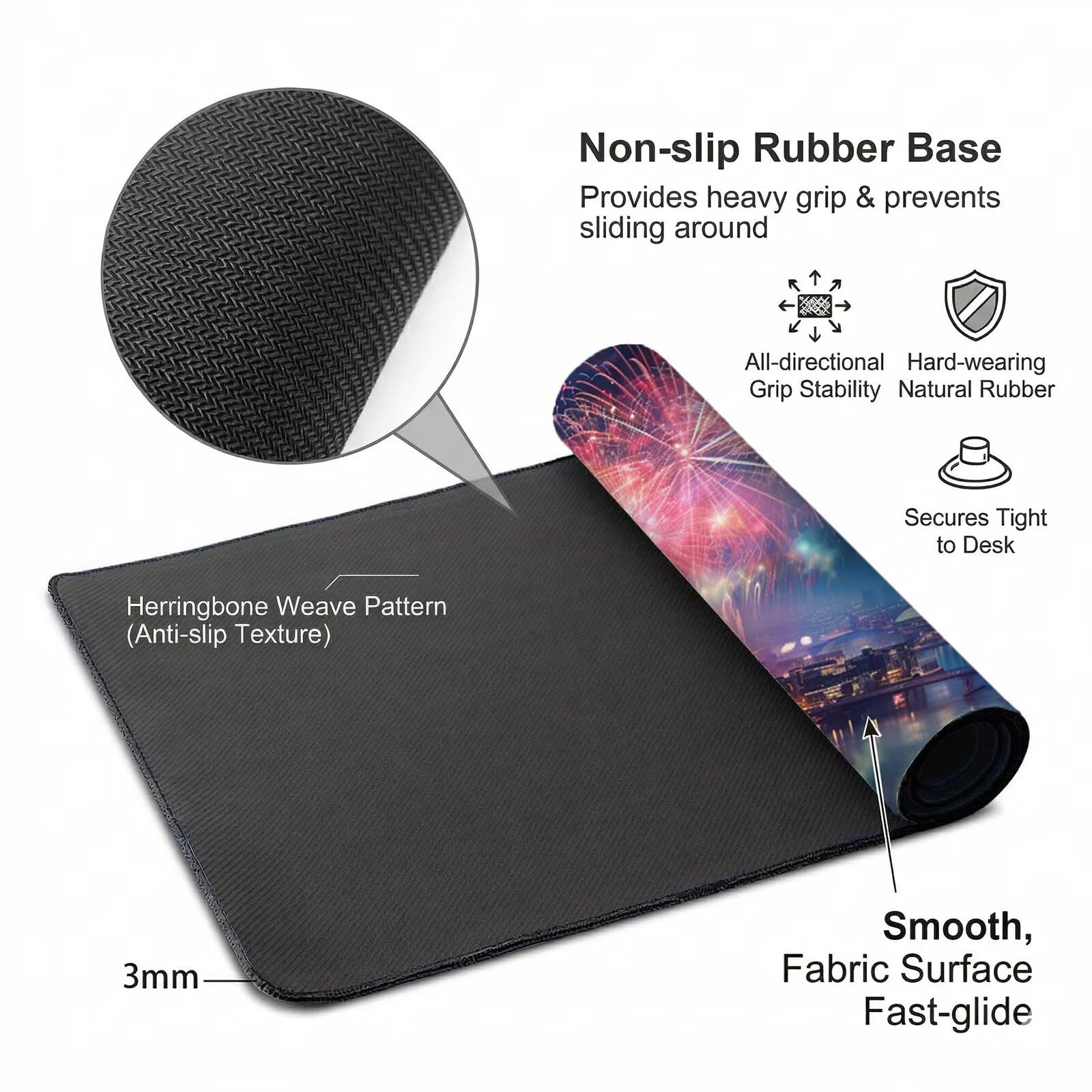 Tappetino Mouse XXL 1200 x 600 x 3 mm, Sottomano Scrivania, Fuochi D'Artificio Grande Tappeto da Tavolo con Base in Gomma Antiscivolo e Bordi Cuciti, per Ufficio/Computer/Gaming (Città) L-x8418